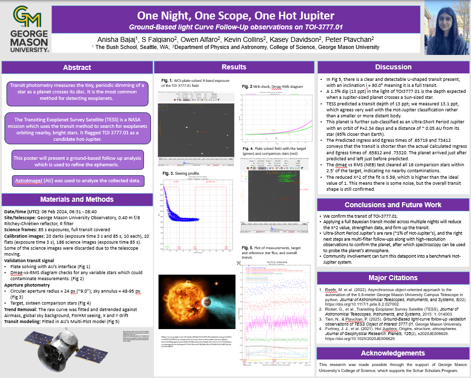 A research poster titled “One Night, One Scope, One Hot Jupiter” by Anisha Bajaj, presented at George Mason University with visual data and conclusions on exoplanet TOI 3777.01.