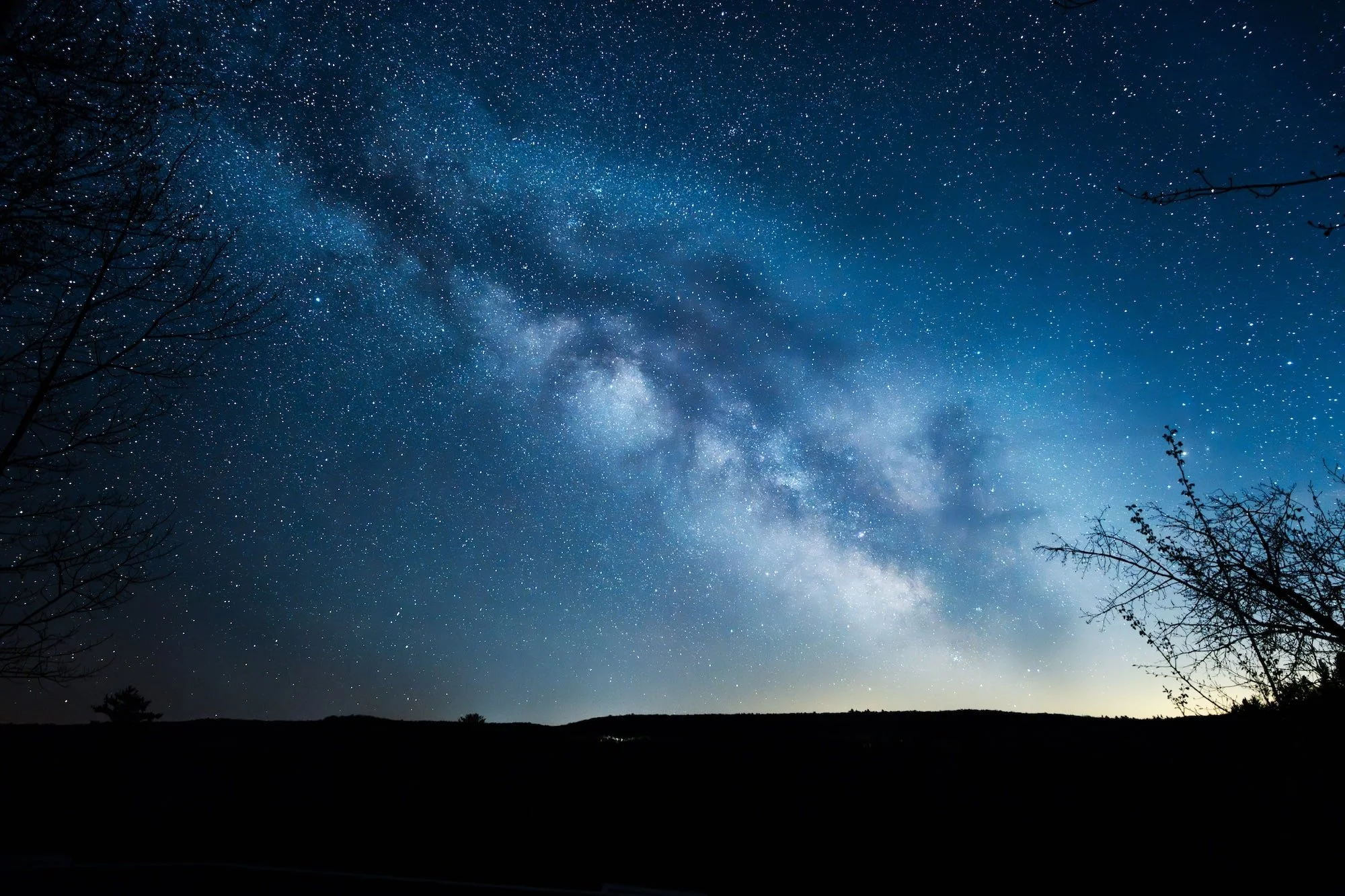 Night sky with numerous stars and the Milky Way galaxy visible above a dark landscape with a few trees.