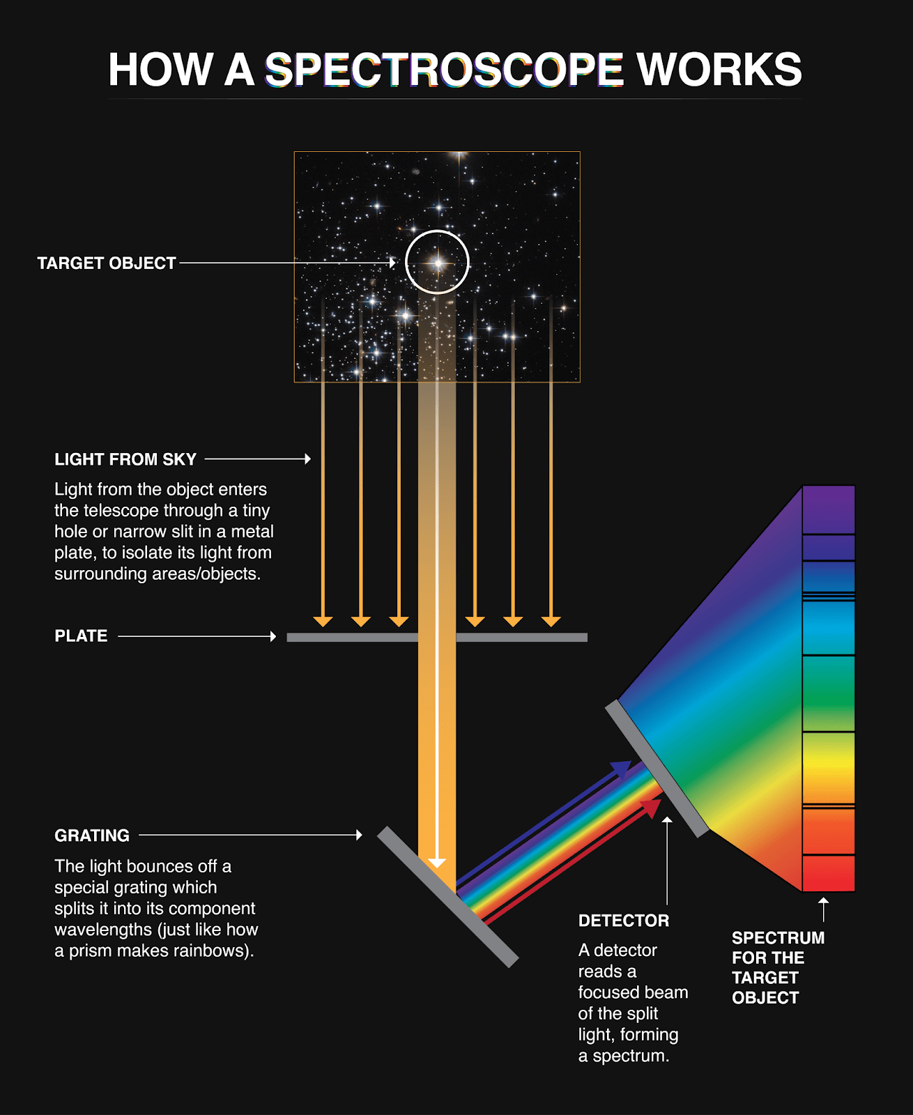 Diagram showing the parts of a spectroscope and how starlight is split into colors for analysis.