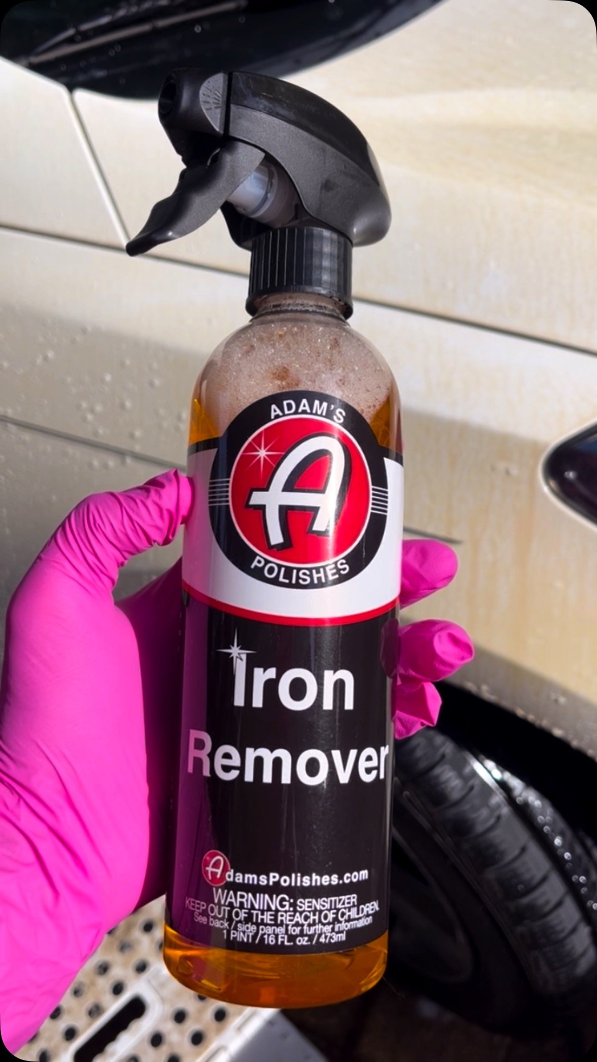 White cars are notorious for showing every imperfection, and the iron deposits from well water sprinklers on this one were no different. @adamspolishes Iron Remover came to the rescue and made it look new again!#mobiledetailing #cleancar #adamspolish