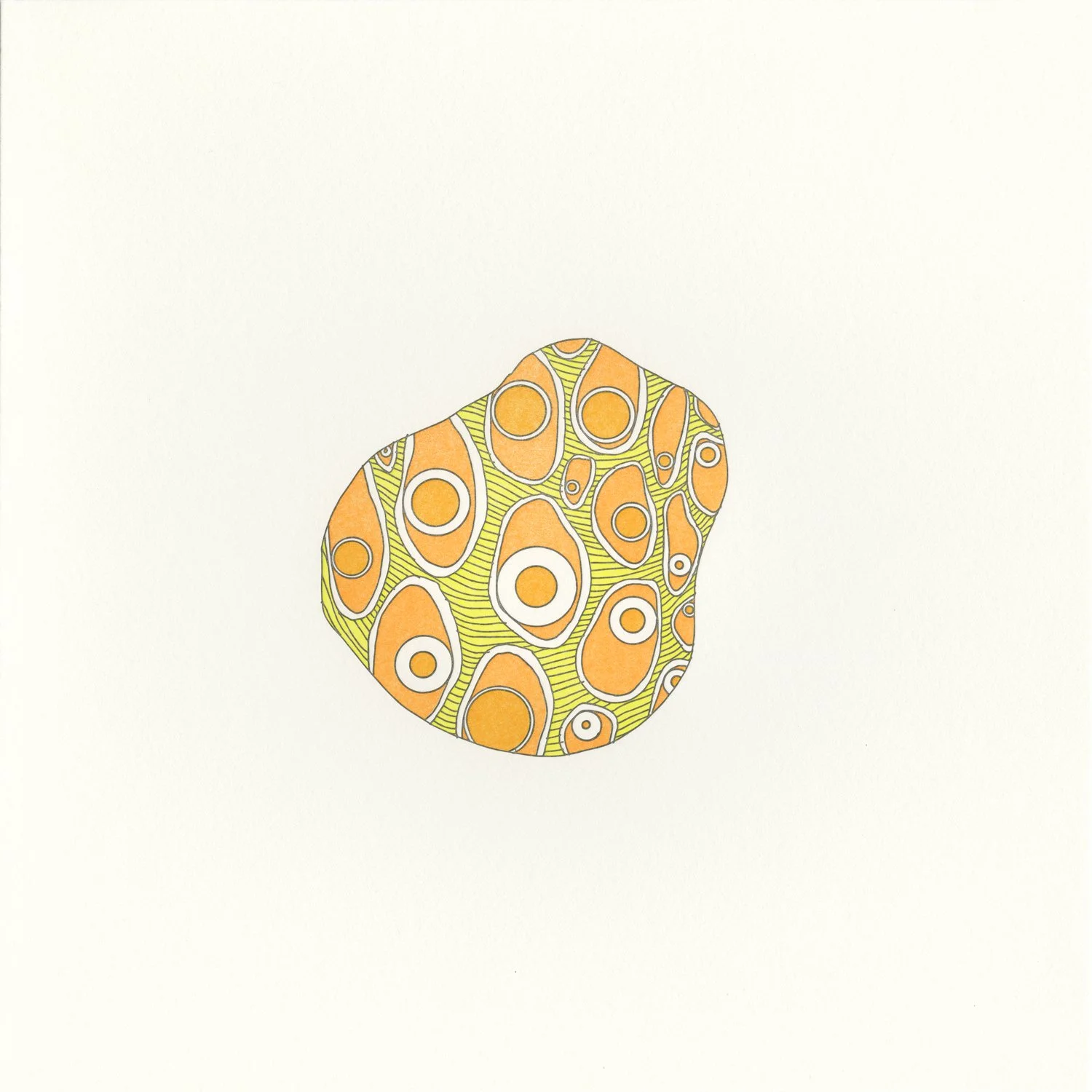  Abstract cellular pattern in orange and yellow within an irregular shape, resembling magnified cells against a white background 