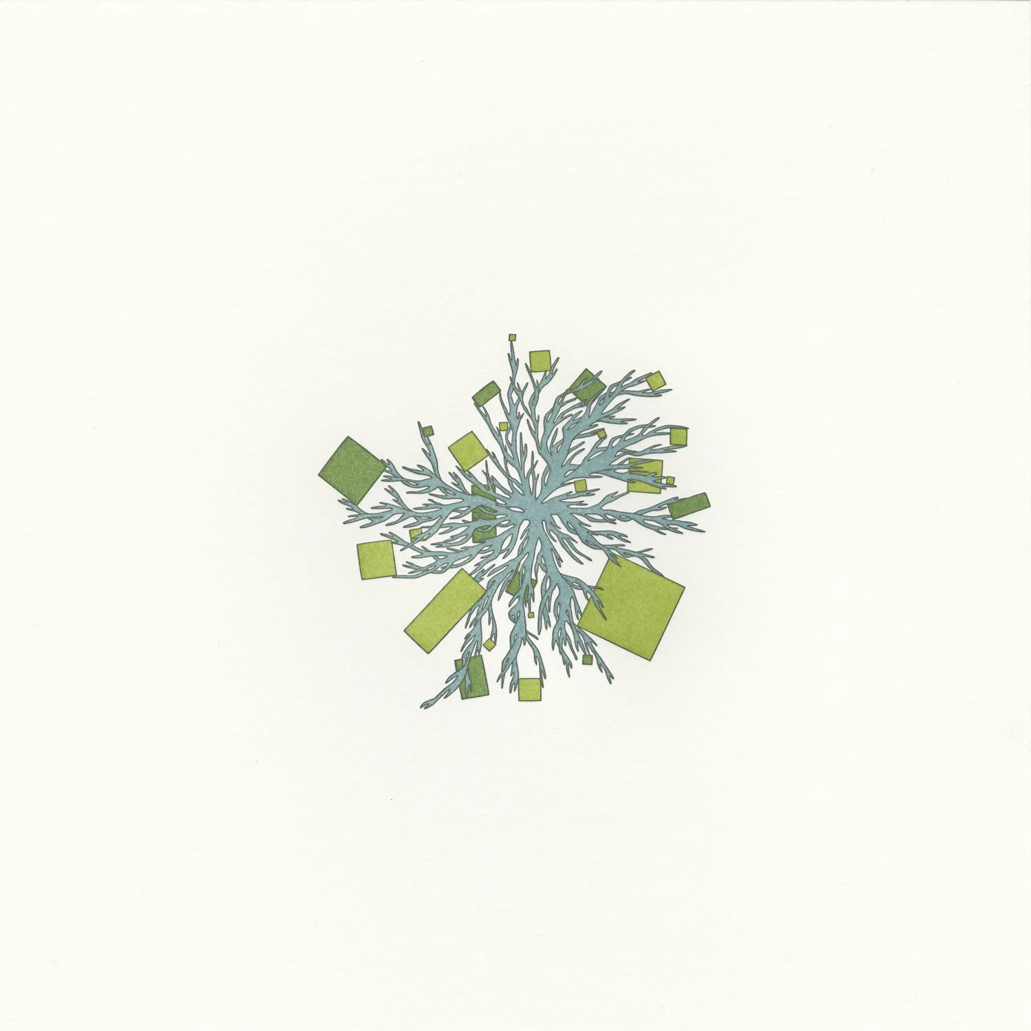  adial cluster of branching blue lines and green geometric shapes, resembling a microscopic organism or plant structure on a white background 