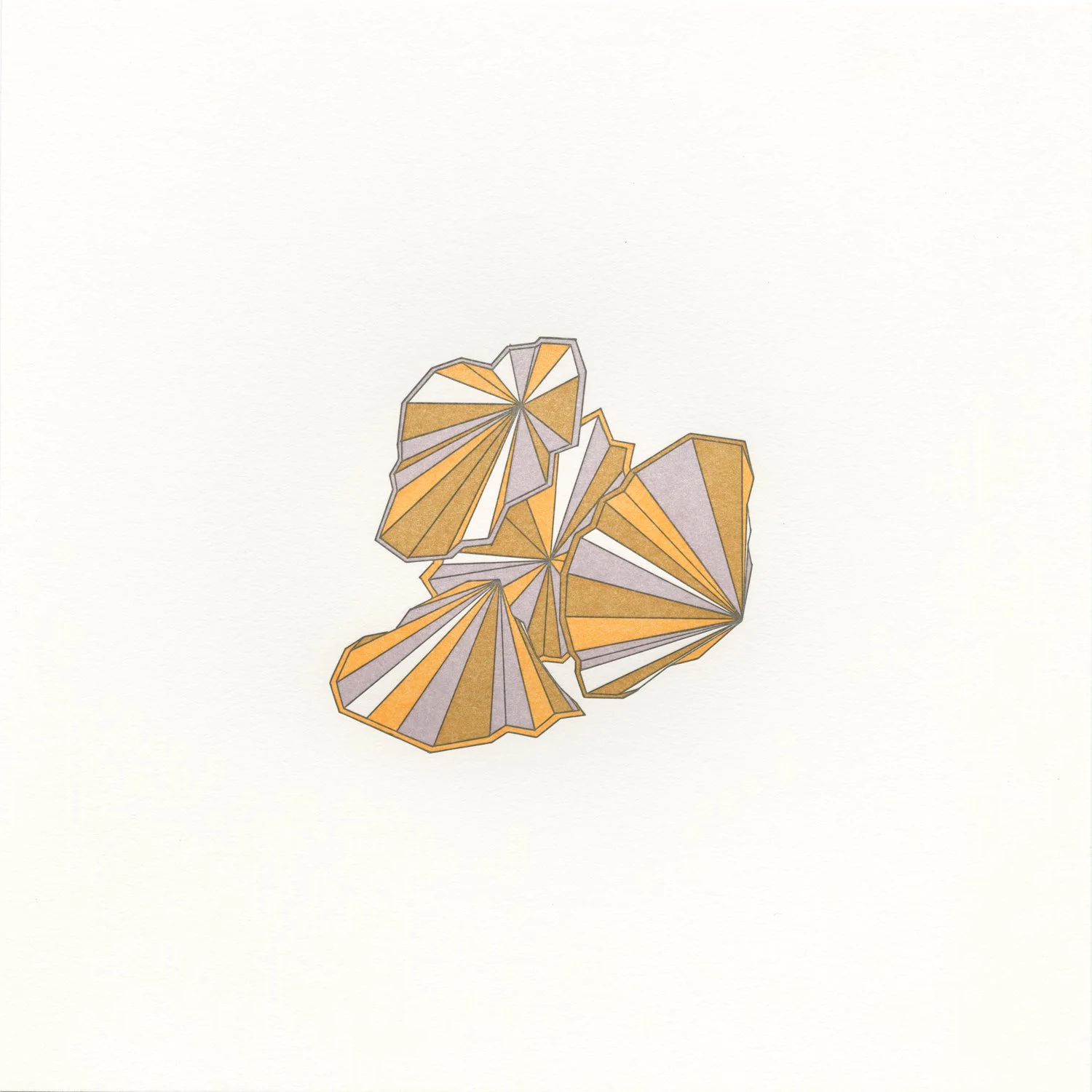  Three faceted, fan-shaped forms in warm gold and lavender tones arranged like stylized lily pads on a white background 