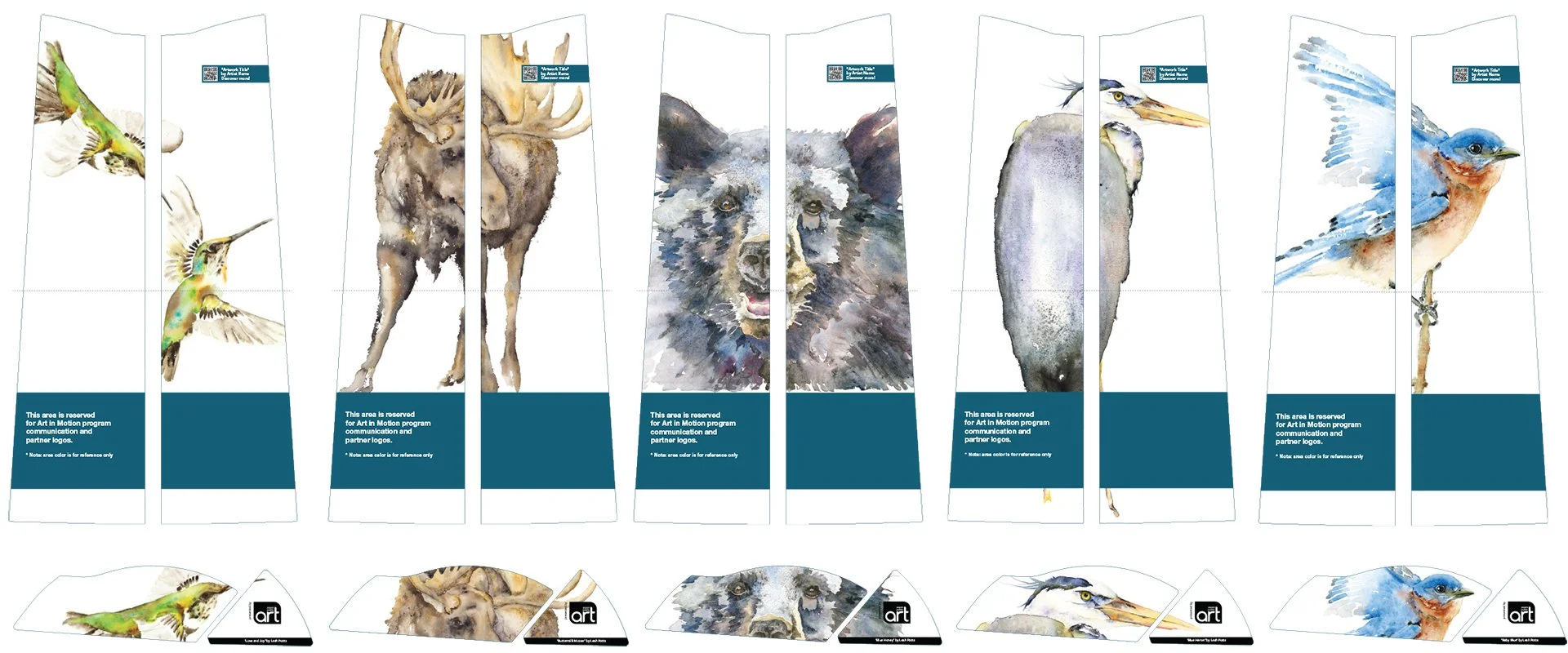 Kiosk and bike fender mockups of Leah Potts' artwork for the Art in Motion public art project depicting realistic watercolor paintings of various birds and animals. Mockup includes a placeholder QR code and a space for logos.