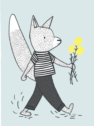 black and white fox with a yellow bouquet of flowers
