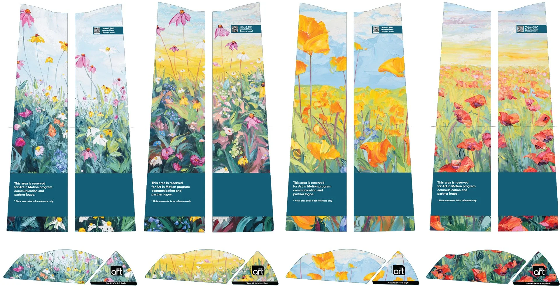 Kiosk and bike fender mockups of Emily Chaplin's artwork for the Art in Motion public art project depicting colorful oil paintings of vibrant Colorado wildflowers. Mockup includes a placeholder QR code and a space for logos.