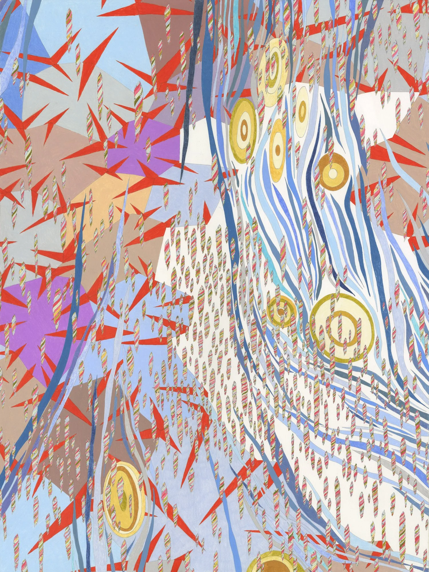Dense abstract composition of blue flowing lines, red starburst shapes, striped vertical forms, and gold circular motifs layered across a pale background