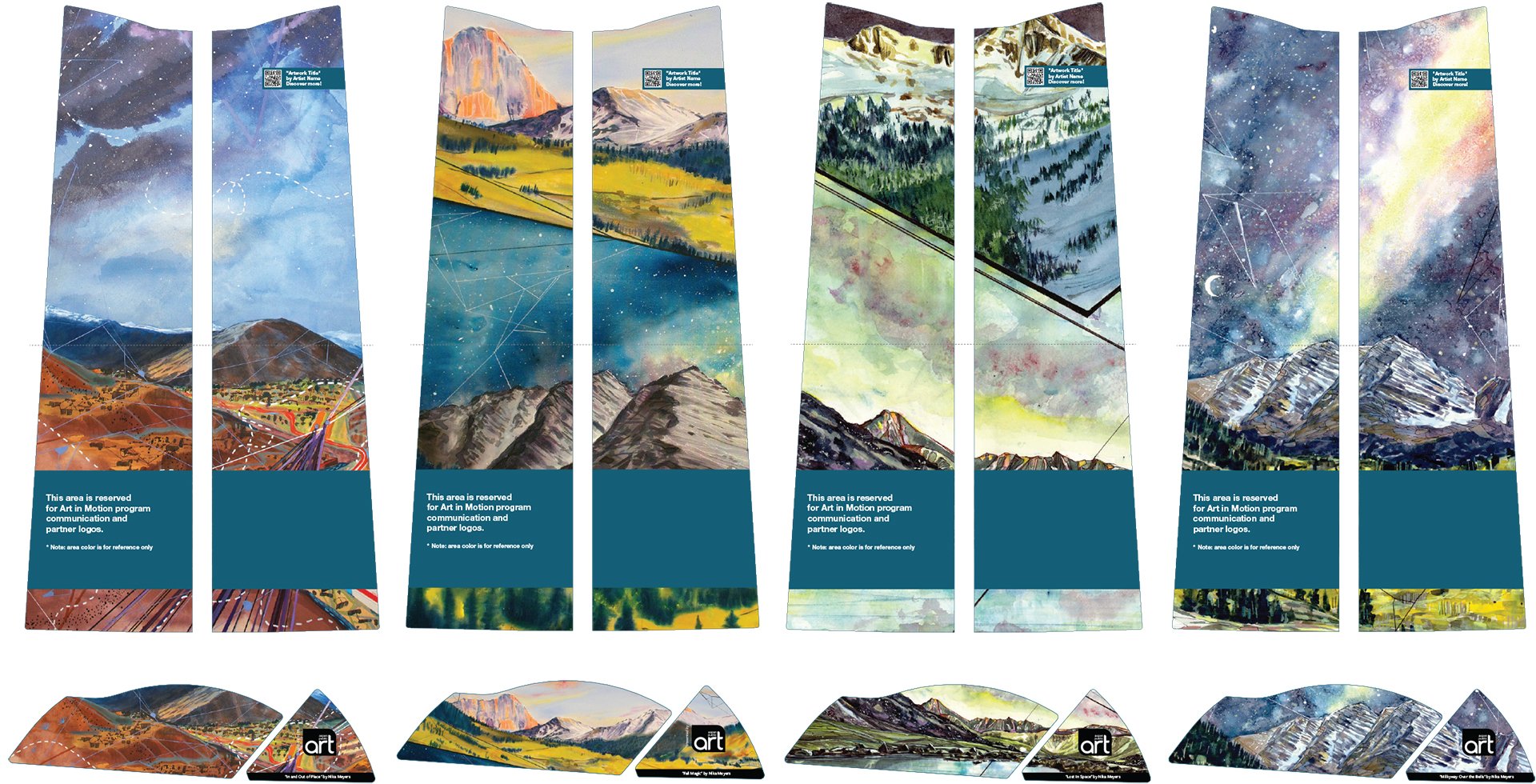 Kiosk and bike fender mockups of Nika Meyer's artwork for the Art in Motion public art project depicting the interconnectedness of mountain landscapes using watercolor, ink, and thread. Mockup includes a placeholder QR code and a space for logos.