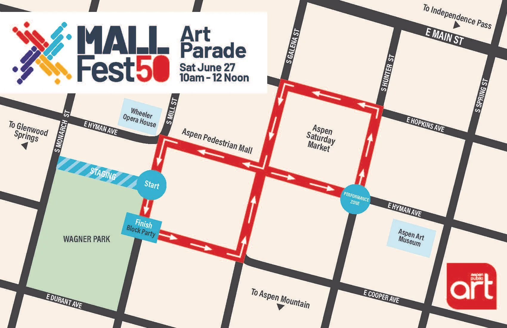 Parade map showing the route of the MallFest 50 Art Parade