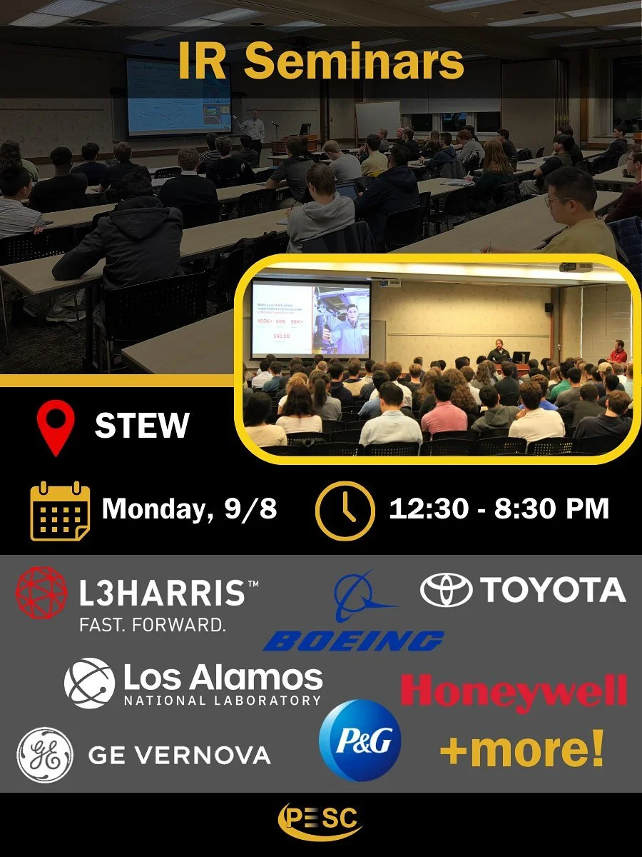 🎤Join us for IR seminars on Monday, September 8th at Stewart Center to hear from top companies across industries, network with recruiters before the fair, and get a leg up in the recruiting process.

📍 STEW
🗓 Monday, 9/8
⏰ 12:30 &ndash; 8:30 PM

?