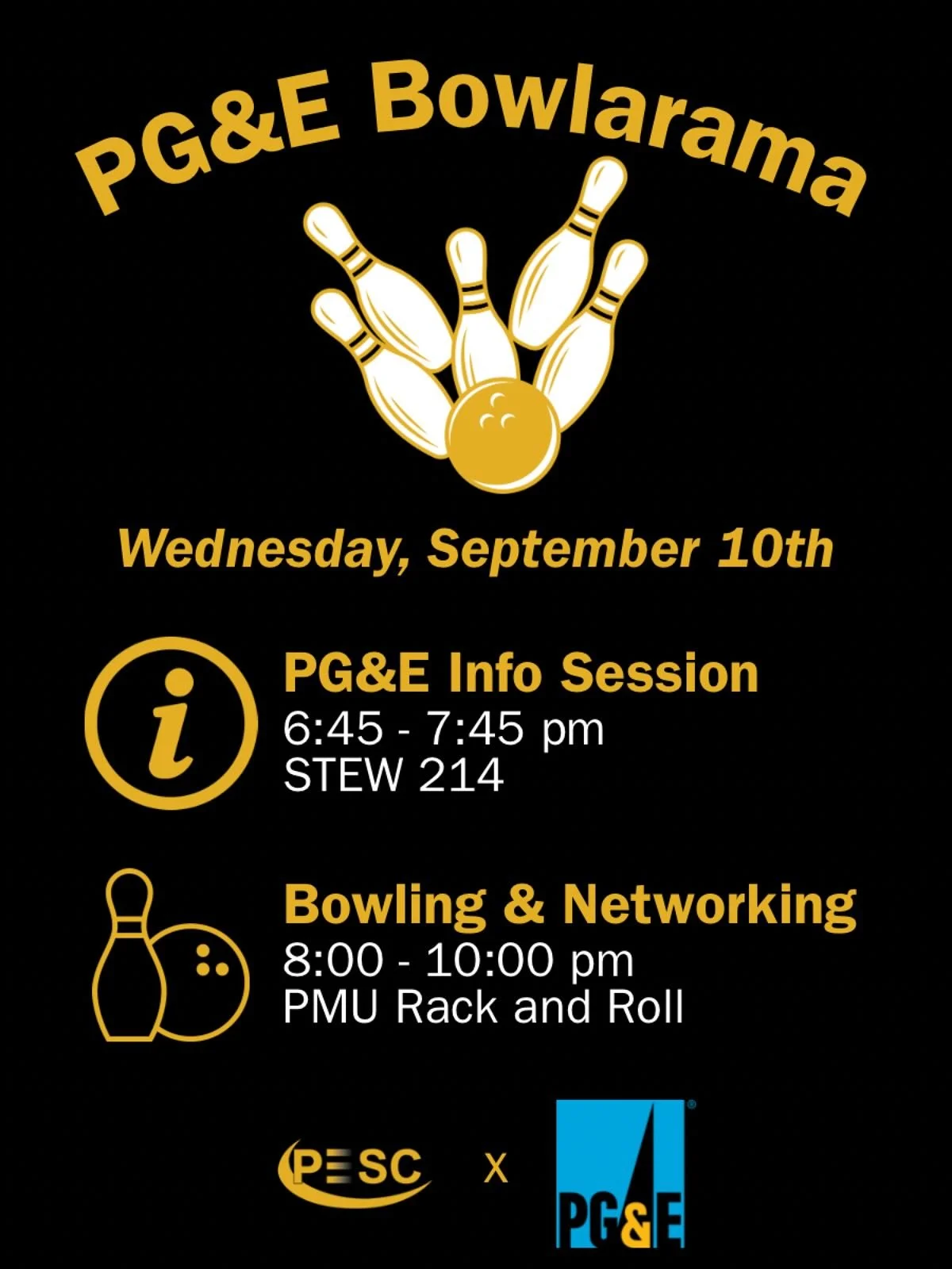 🎳 Bowlarama with PG&amp;E 🎳

Looking for internships or early career opportunities? Come learn about PG&amp;E&rsquo;s roles and rotational programs at their info session, then stick around for a fun night of bowling and networking with Purdue alumn