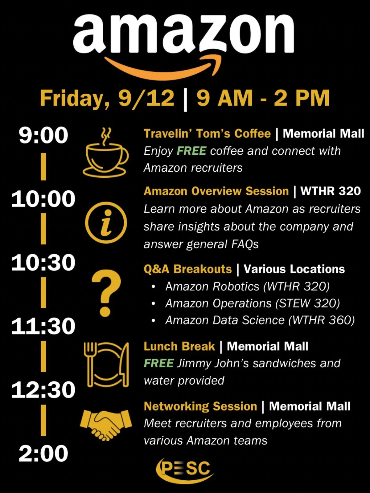 🚨 Amazon is coming to Purdue! 🚨

Join us Friday, 9/12 from 9 AM &ndash; 2 PM for a full day of coffee, networking, and career opportunities with Amazon recruiters and employees.

☕ Free Coffee &ndash; Memorial Mall
ℹ️ Overview Session &ndash; WTHR 