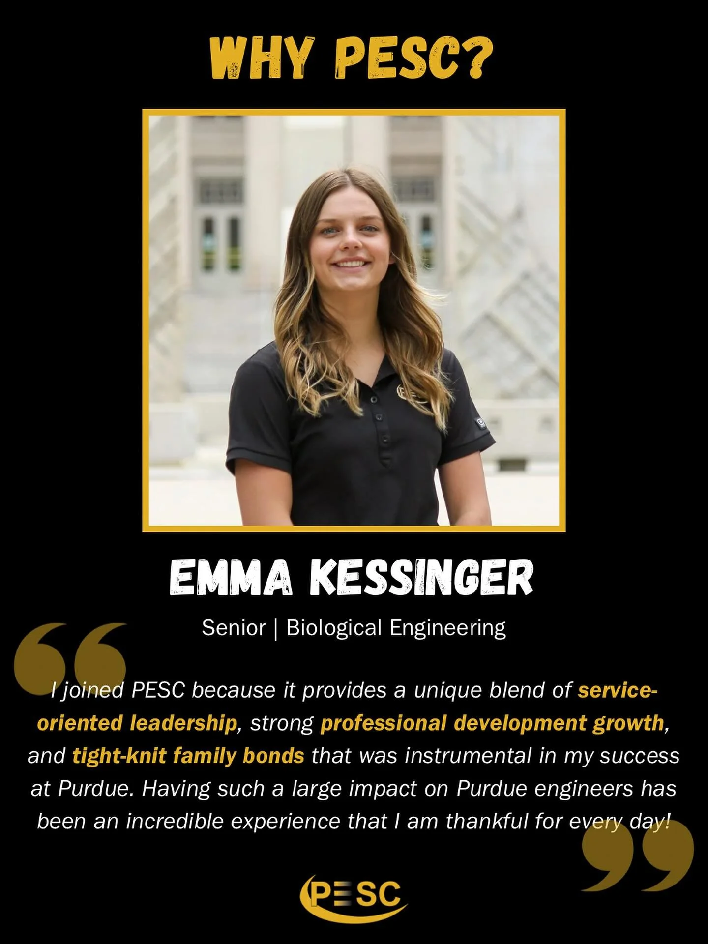For Emma, PESC represents the perfect blend of service, professional growth, and lifelong friendships that have shaped her Purdue experience.

PESC has given her the chance to make an impact on thousands of students while building relationships that 