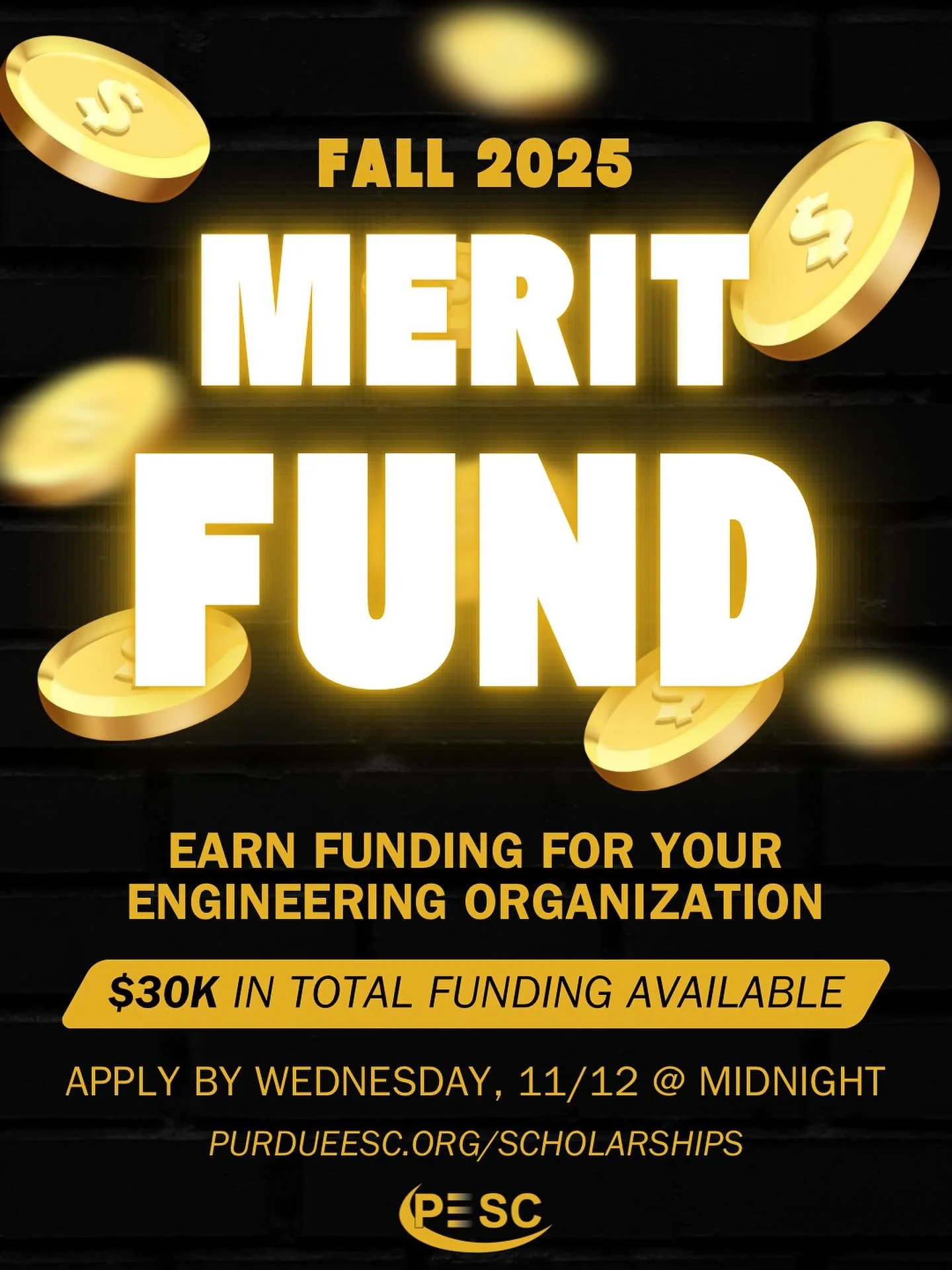 🚀💰 Merit Fund Applications are OPEN! 💰🚀

📅 When: Applications due Wed, 11/12
🔗 Where: purdueesc.org/scholarships
👥 Who: All PWL engineering clubs and orgs!

Is your organization working on an exciting project that needs funding? The PESC Merit