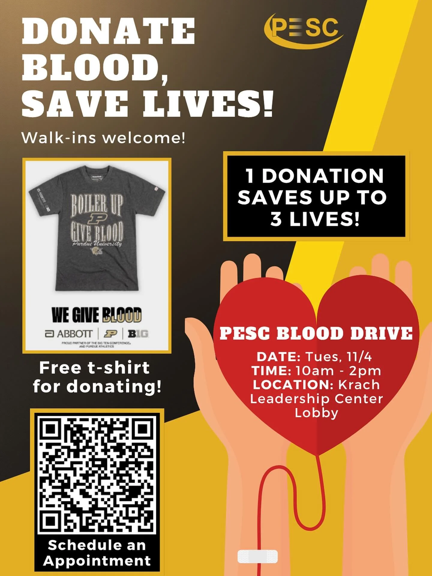 🩸 Donate Blood, Save Lives! 🩸

Join PESC and Versiti for the We Give Blood drive, part of the Big Ten&reg; blood donation competition with Abbott. A single donation can save up to three lives ❤️

📅 Tuesday, November 4
🕒 10:00 AM &ndash; 2:00 PM ?