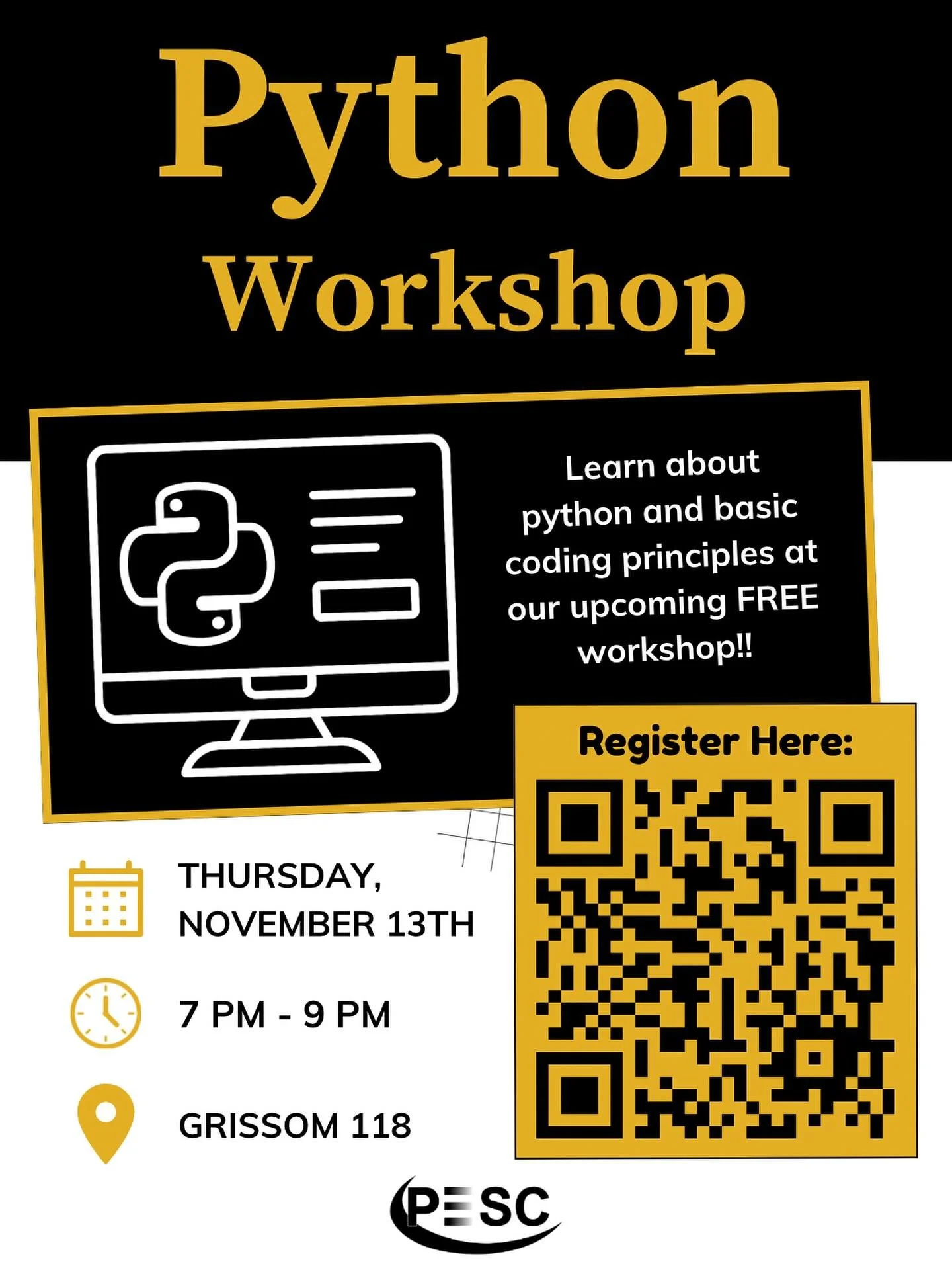 💻 Ready to level up your coding skills? Join us for a FREE Python Workshop!

🗓 Thursday, November 13th
🕒 7 - 9 PM 📍 Grissom 118

Learn the basics of Python and coding principles in a hands-on session. Scan the QR code or visit the link in our bio