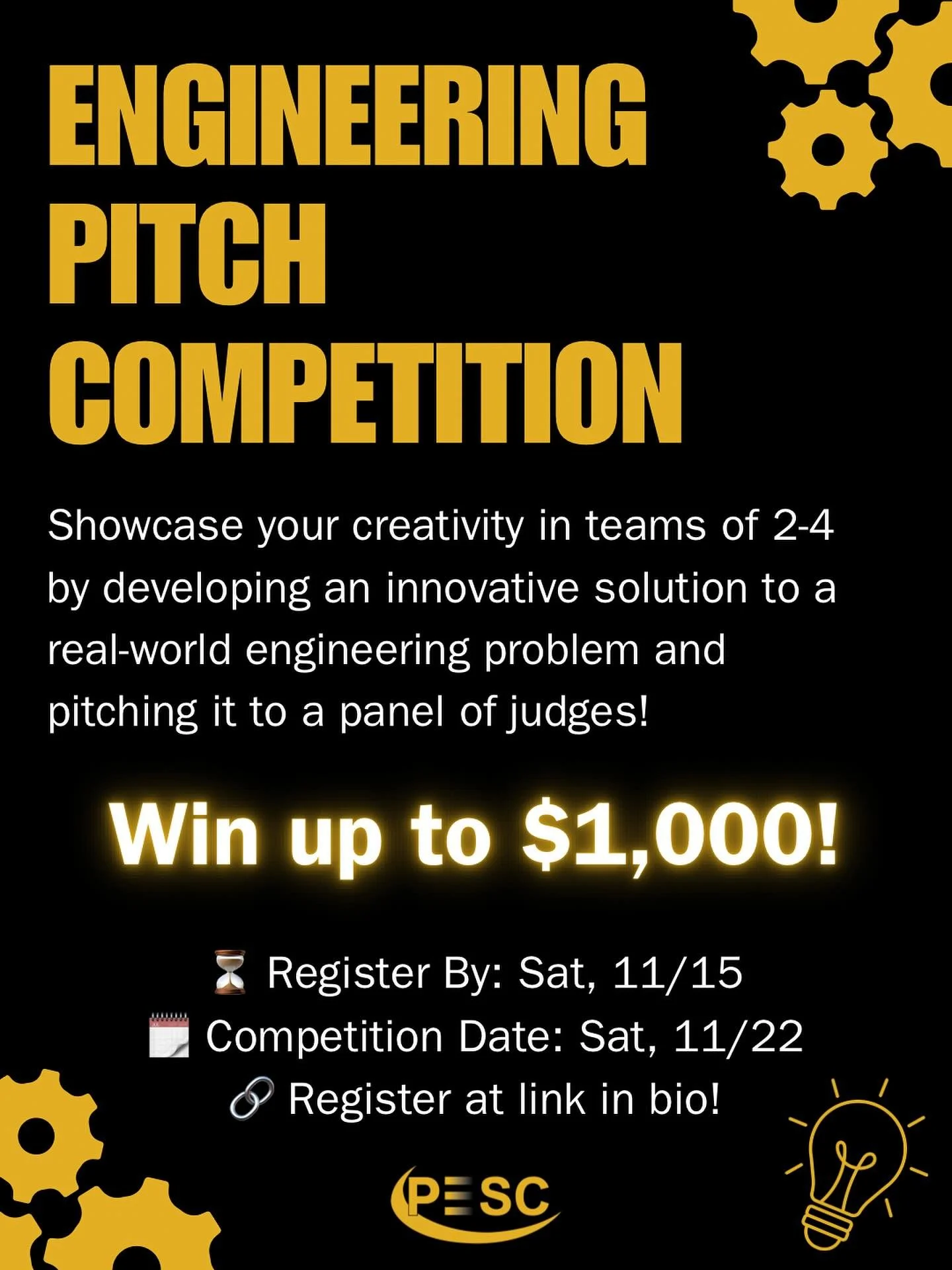 Do you have an idea that could solve a real-world engineering challenge? 🚀 Here&rsquo;s your chance to bring it to life and win big!

PESC is excited to announce our Engineering Pitch Competition! 💡 Form teams of 2&ndash;4 students, develop an inno