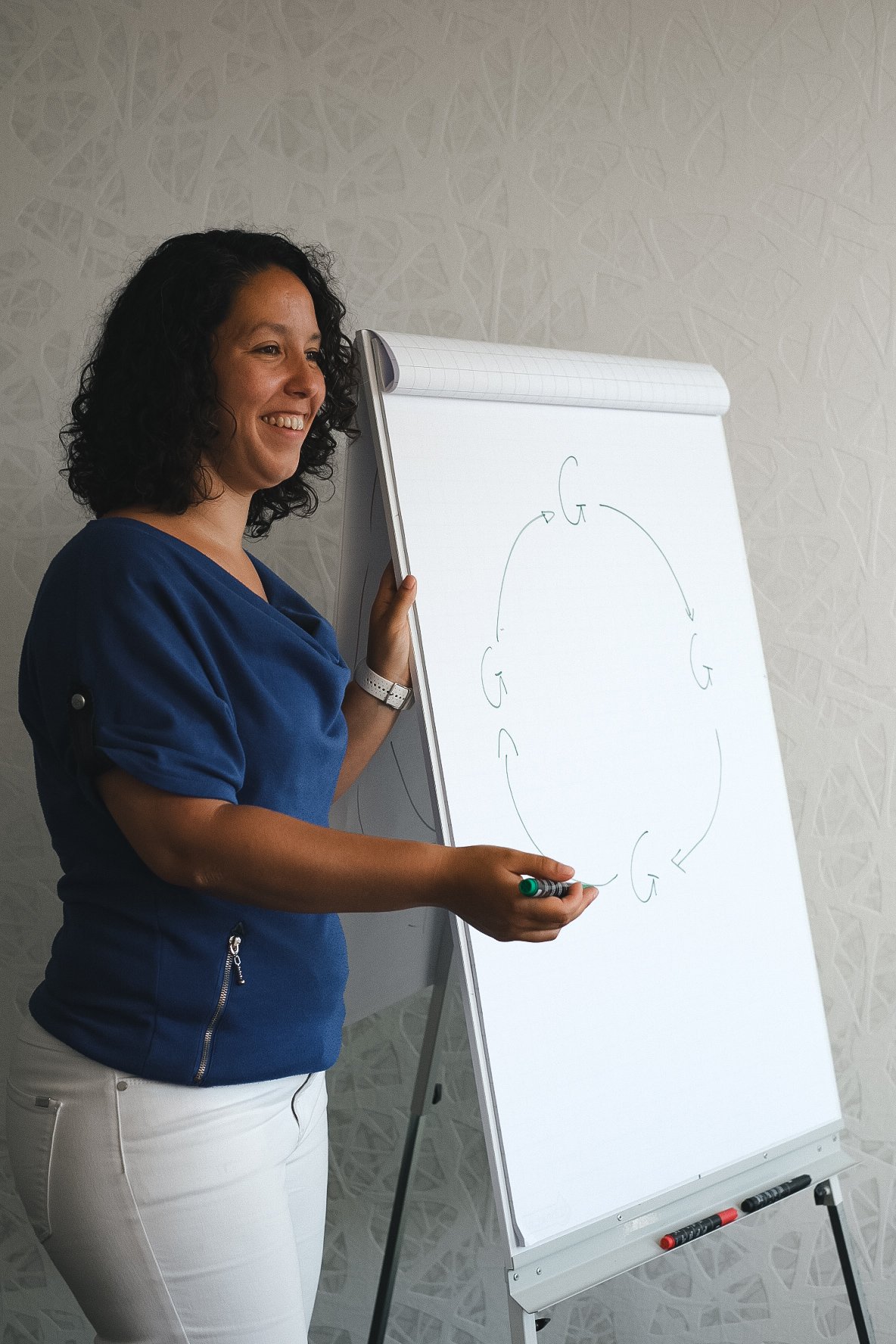 A woman in a blue shirt and white pants standing next to a whiteboard with a diagram of a cycling process drawn on it, smiling while pointing at the diagram.