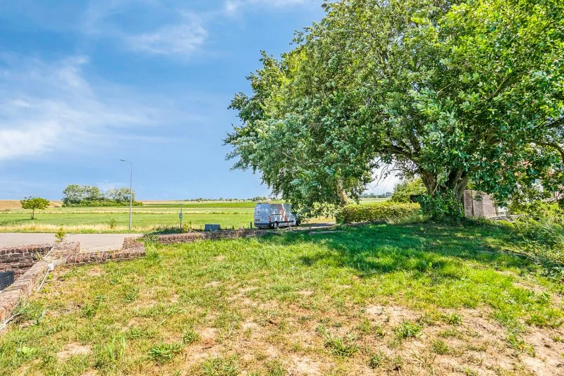 Schaduw onder een grote boom op de tuin van het 2 persoon vakantiehuis te huur bij Paal op een zonnige dag met een blauwe hemel en enkele wolken.