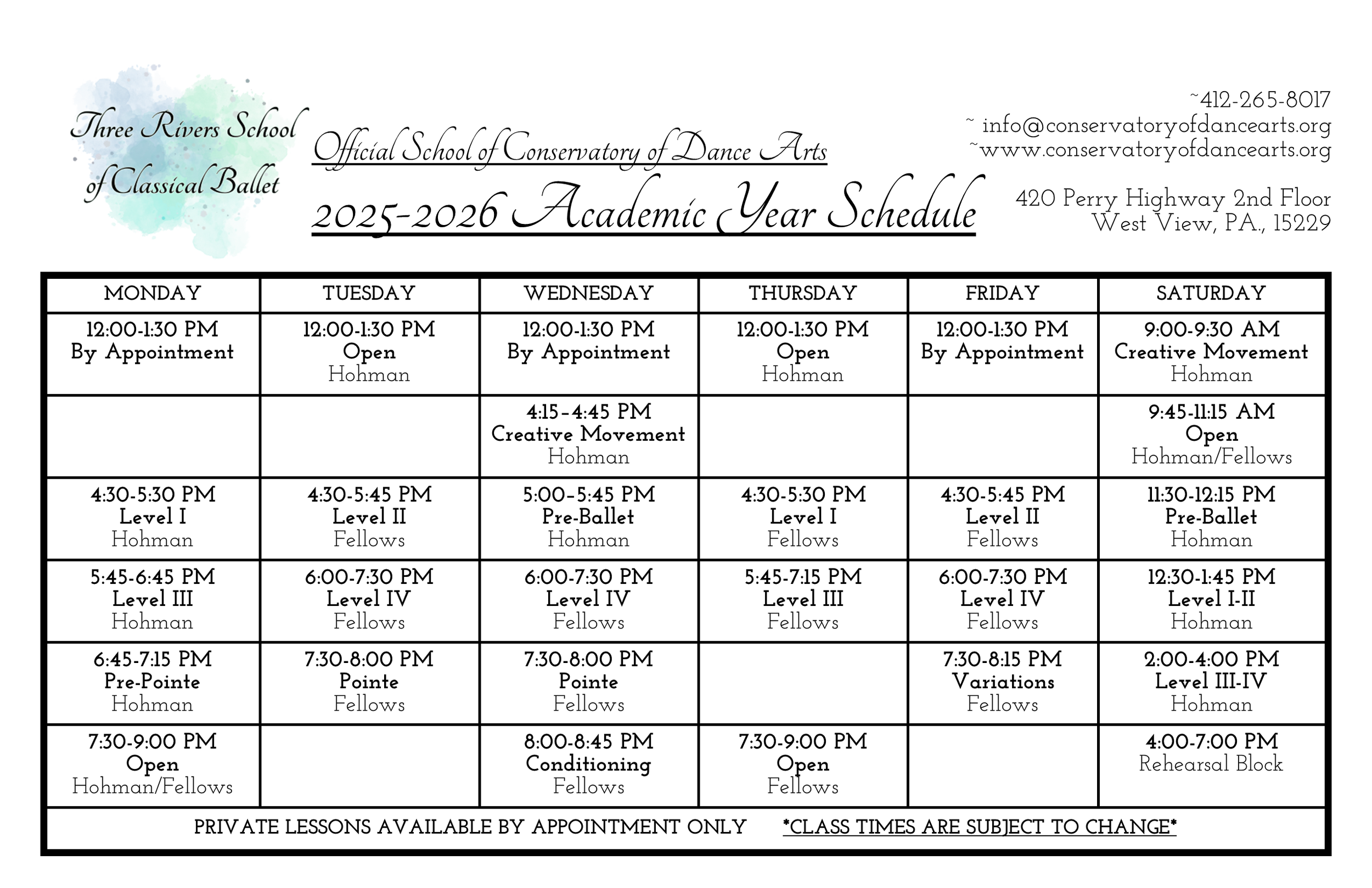Schedule for Three Rivers School of Classical Ballet for the 2025-2026 academic year, detailing class times, levels, instructors, and contact information.