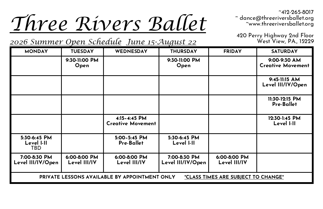 Schedule for Three Rivers Ballet summer classes from June 15 to August 22, listing weekly dance classes on a grid with times and age/level designations
