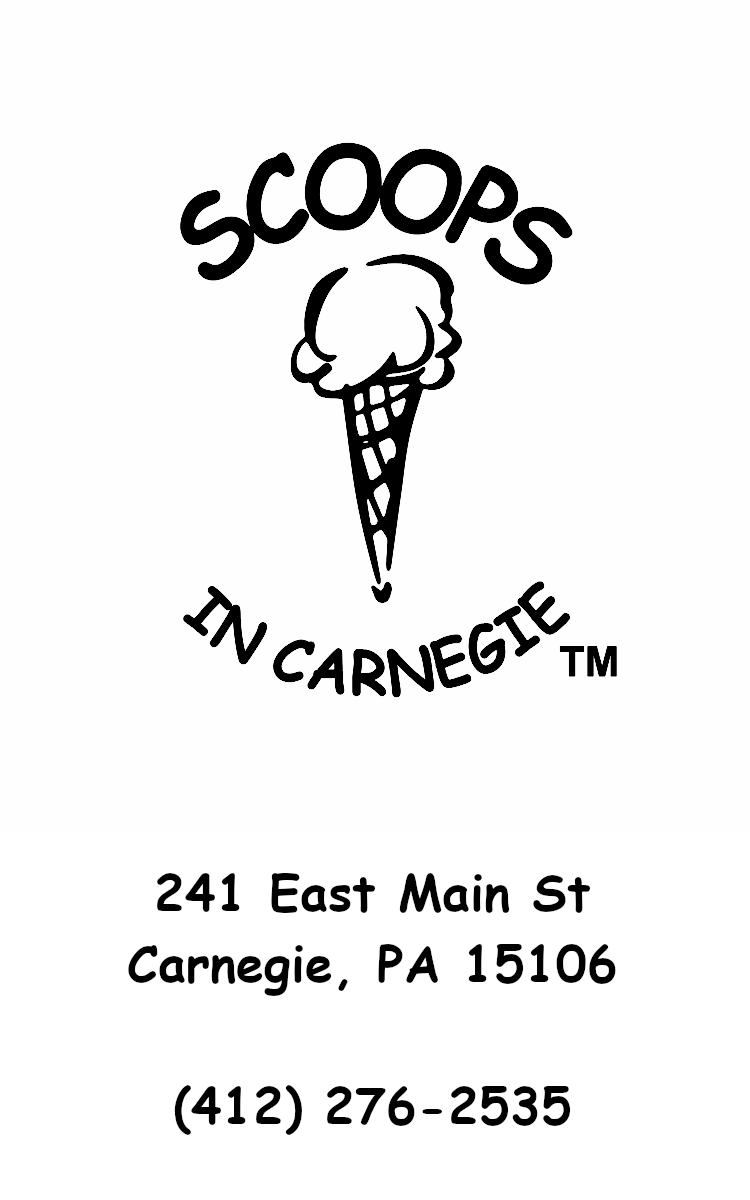 Business card for Scoops in Carnegie, Pennsylvania, featuring a black and white logo with an ice cream cone and the words 'sCOOPS in carnegie' above and below the cone, along with the address 241 East Main St and phone number (412) 276-2535.