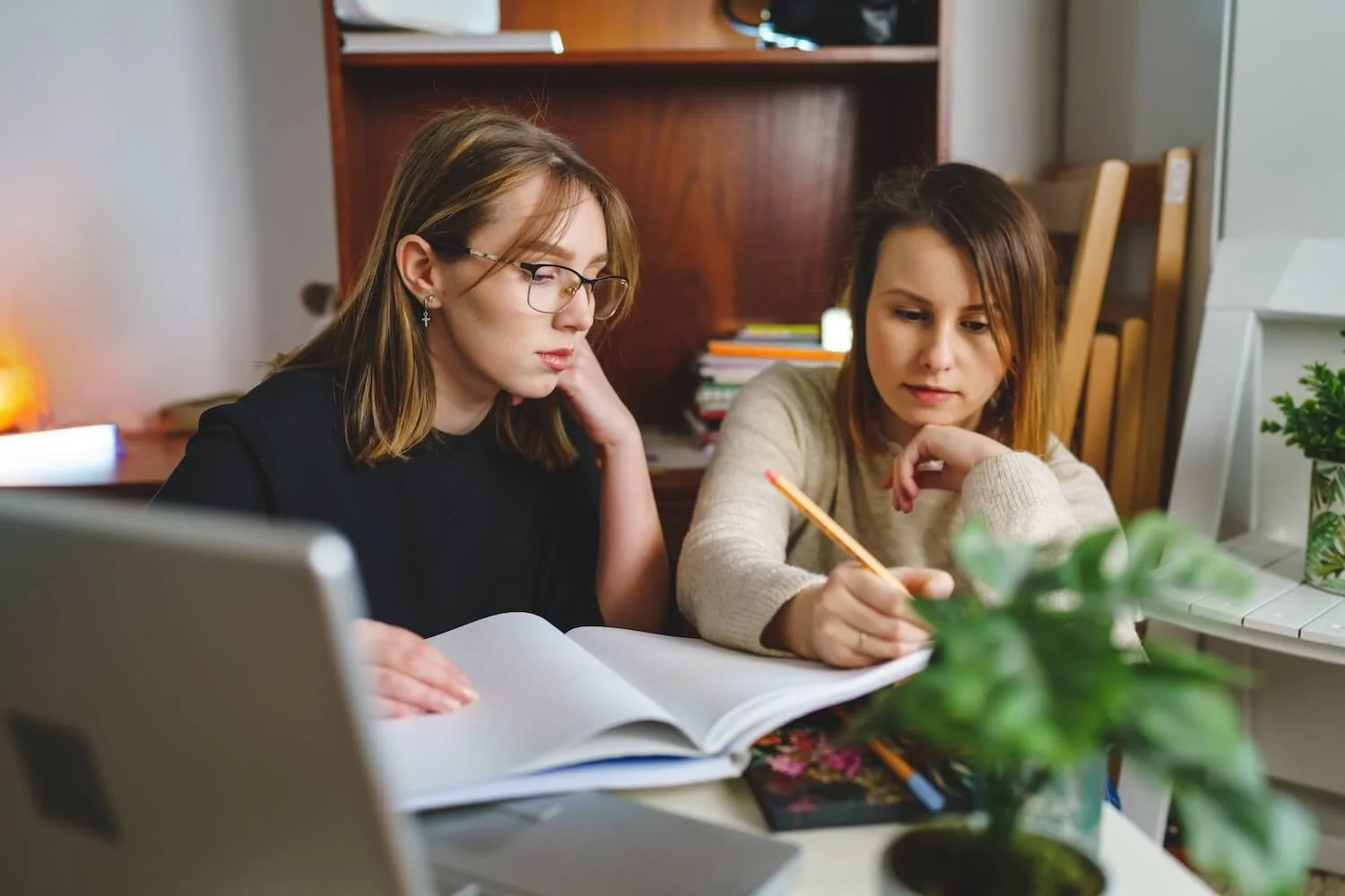 Two young women studying together at a desk with a laptop, open book, and potted plant.