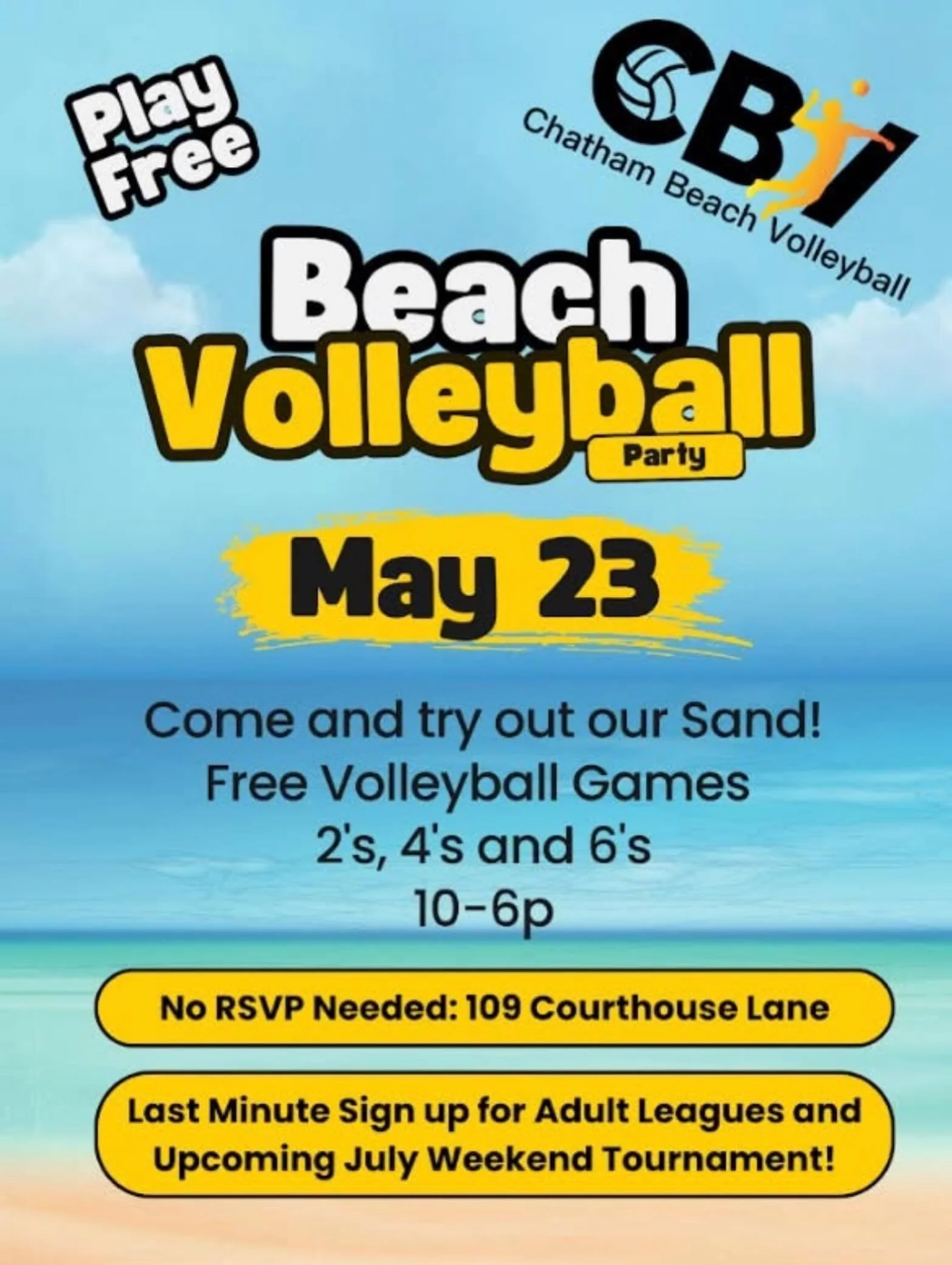 Come and join us for free volleyball on May 23! Come with a friend and play 2s, come with more friends and plays 6s or come by yourself and make some friends!
There will also be a chance to sign up for our Canada Day weekend tournament on July 4 and 