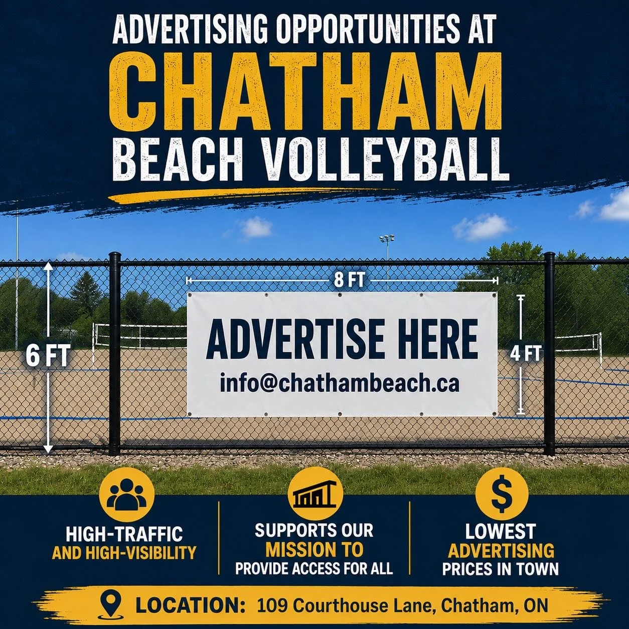 Ask us about custom sponsorship packages for:
- Net branding 
- Umbrellas ⛱️
- Clothing 🎽

info@chathambeach.ca