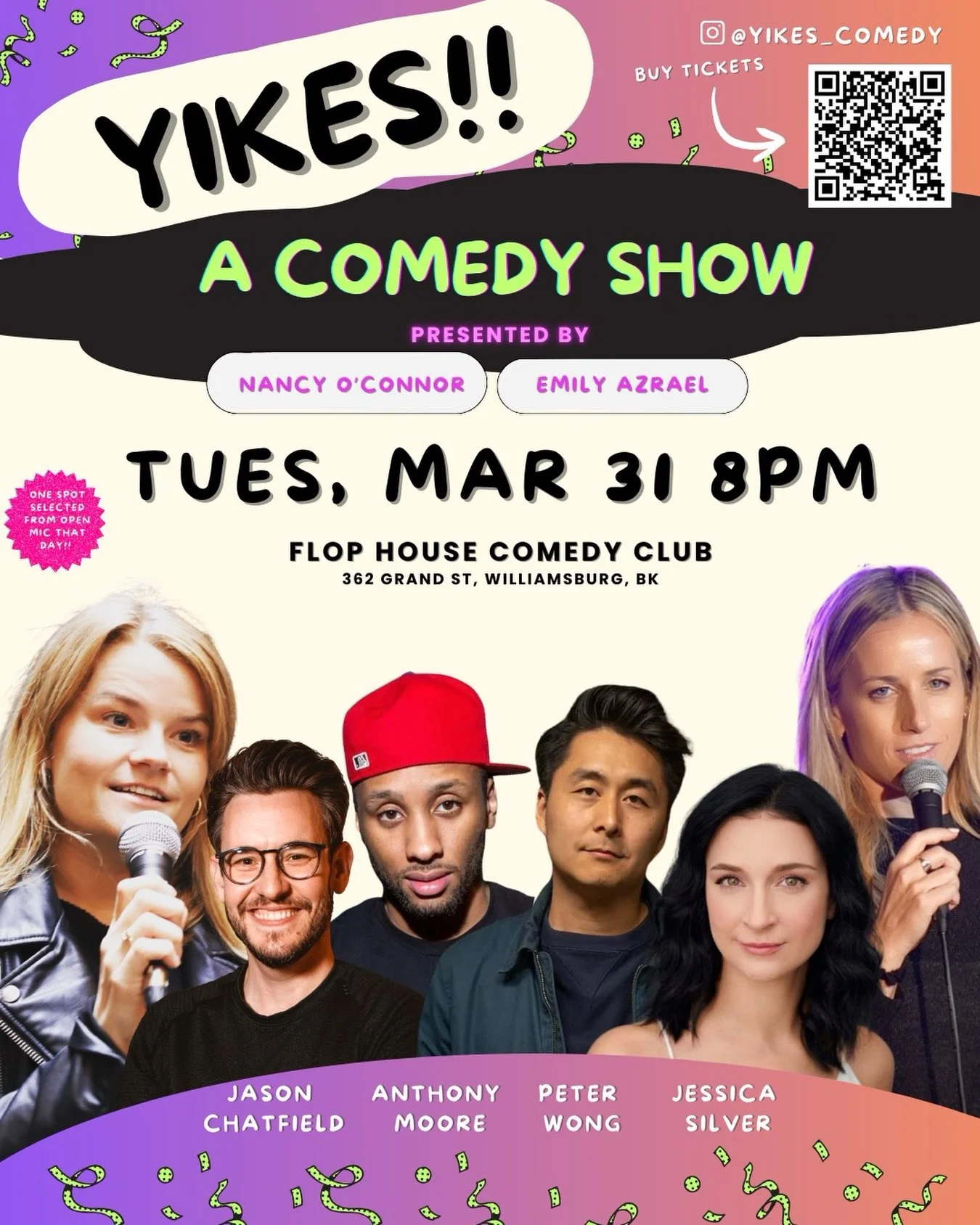 Spring is back and so are we! March 31st we welcome a brand new line-up of our favorite comedians. We may even get another audience member on stage to share their most yikes moment👀. You don&rsquo;t want to miss this. 💐

Tickets in bio 🎟️