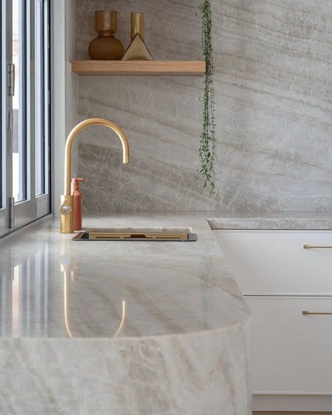 Stone Spotlight: Taj Mahal Quartzite ✨⁠
⁠
 Soft veining, warm tones, and seriously durable - Taj Mahal Quartzite is a favourite for a reason. It brings the elegance of marble with the strength of natural quartzite.⁠
⁠
Looking for something timeless a