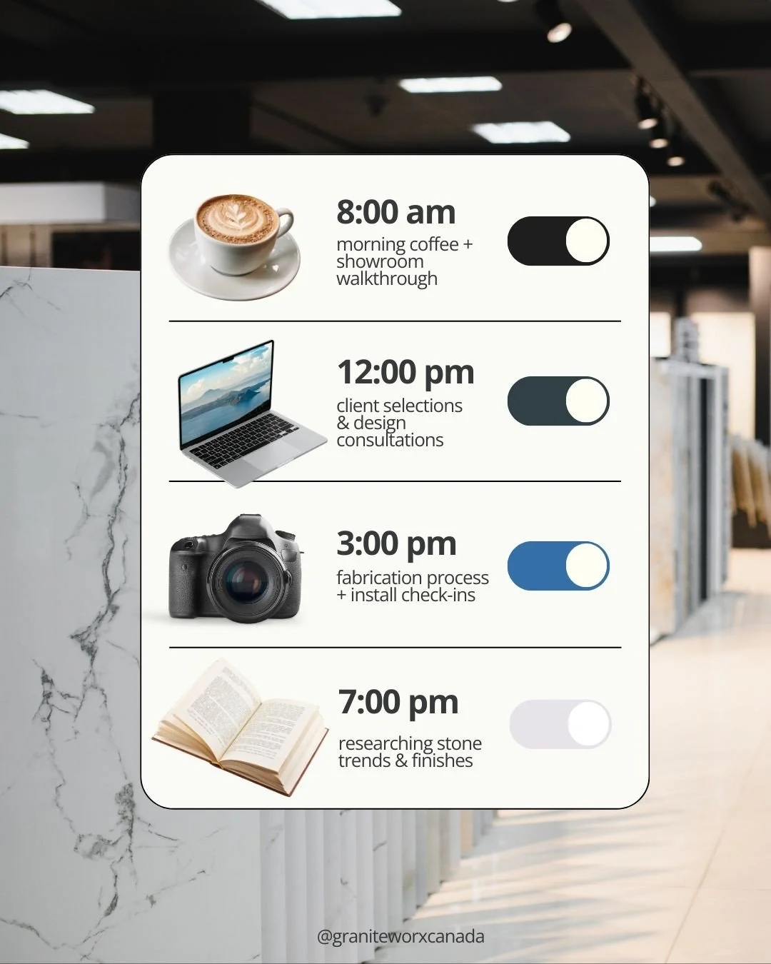 Coffee first ☕️ Then showroom walkthroughs, client consults, fabrication check-ins, and keeping up with what&rsquo;s new in stone - all for Ontario homes we&rsquo;re proud to be part of!⁠
⁠
#graniteworx #granitecountertops #granite #quartz #quartzite