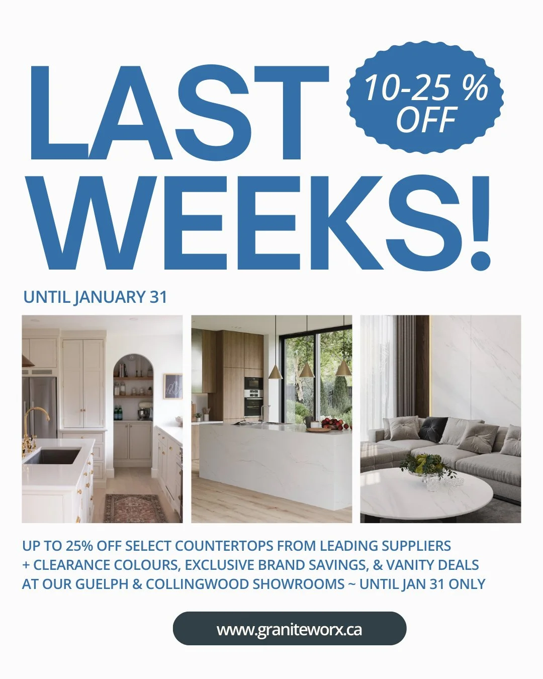 There&rsquo;s still time to save 10-25% off select countertops from leading suppliers, plus clearance colours, exclusive brand savings, and vanity deals at our Guelph &amp; Collingwood showrooms.⁠
⁠
If a kitchen or bathroom refresh is on your list fo