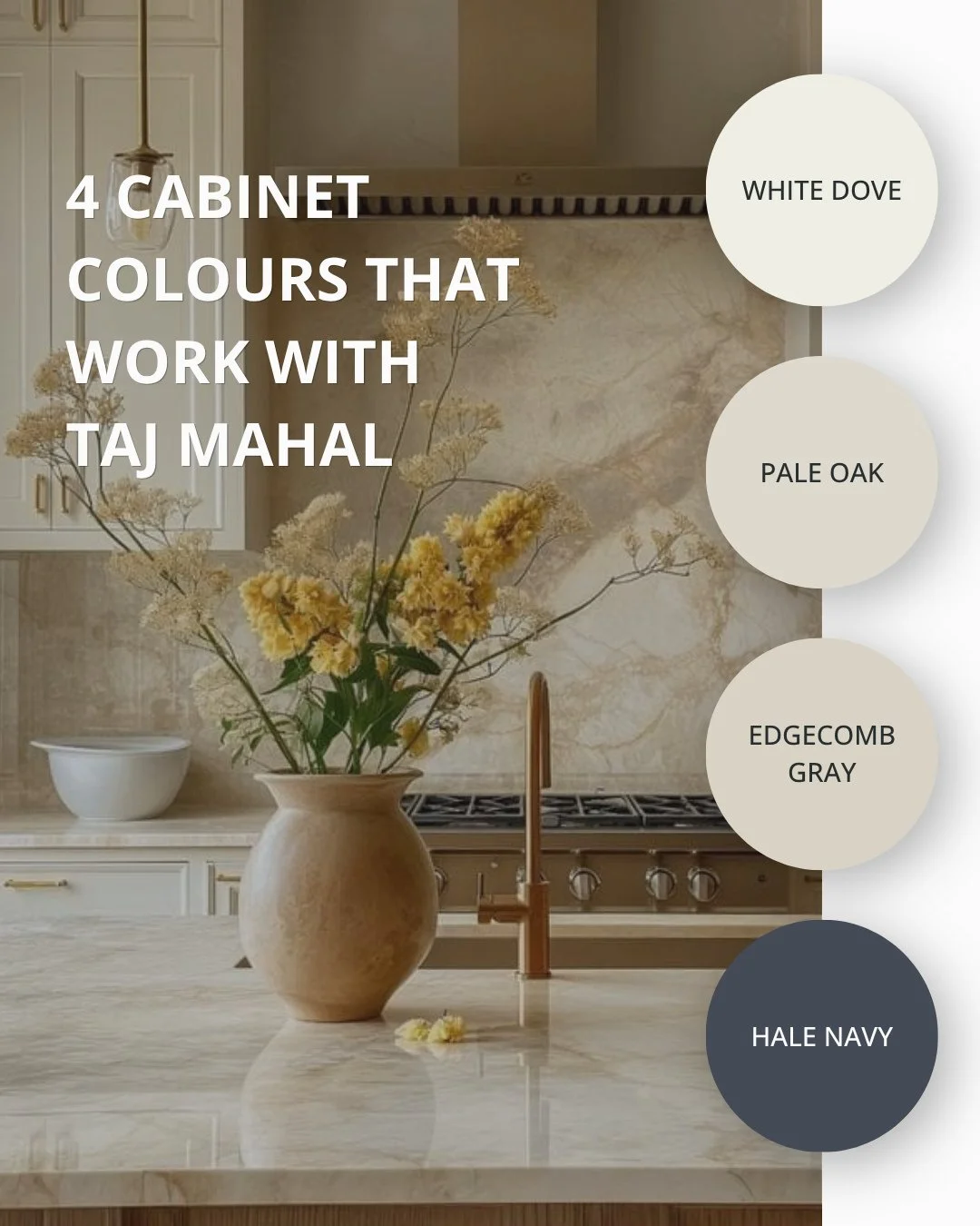 Choosing cabinet colours for Taj Mahal quartzite? Start here.⁠
⁠
Not every colour works with its warm tones - but these do.⁠
⁠
White Dove &rarr; timeless⁠
Pale Oak &rarr; soft + warm⁠
Edgecomb Gray &rarr; elevated neutral⁠
Hale Navy &rarr; perfect fo