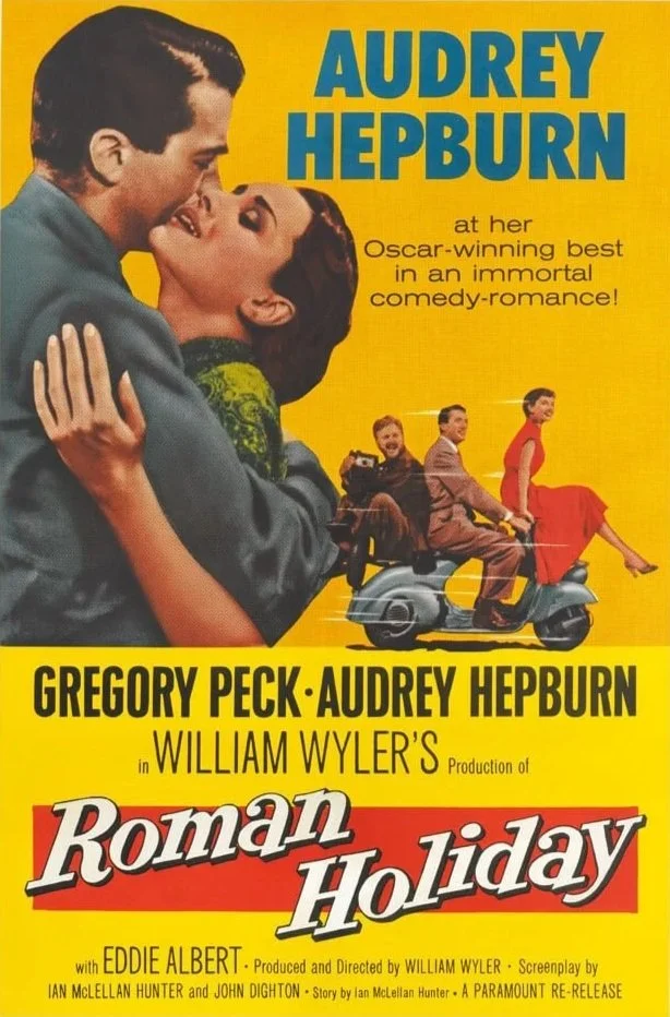 Classic film poster for Roman Holiday, featuring Audrey Hepburn in Rome — a joyful, timeless Italian film to enjoy alongside Devour takeaway pizza.