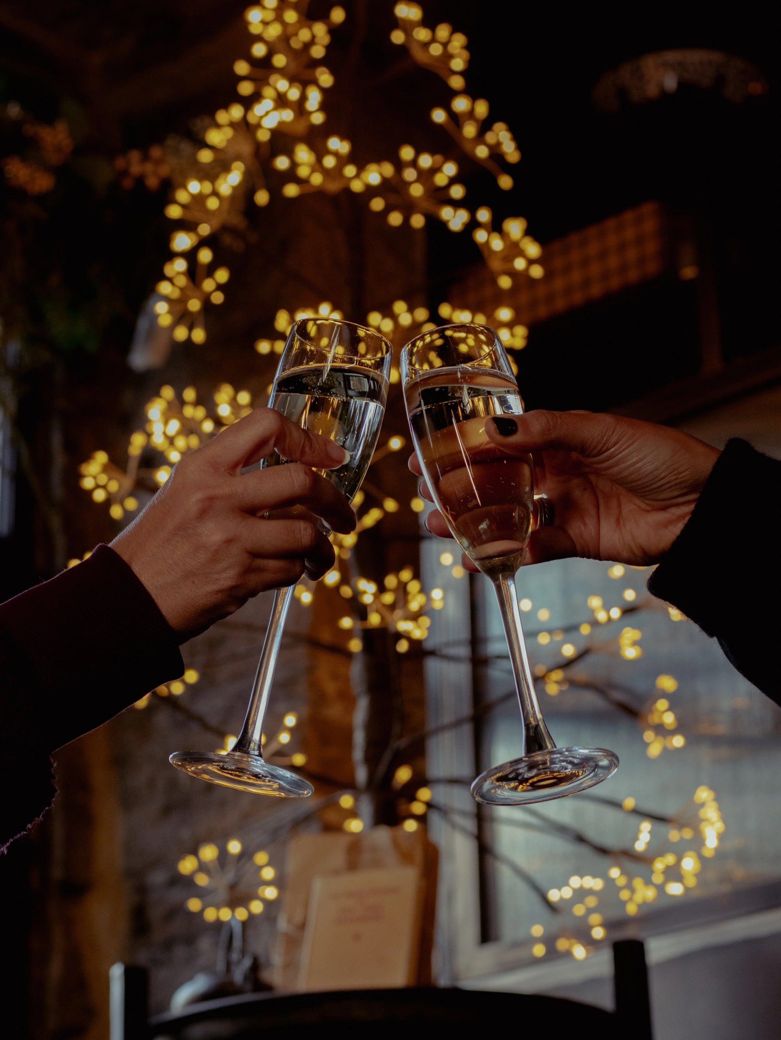 Two people toasting with champagne glasses in a festive setting with warm lighting and a Christmas tree in the background.