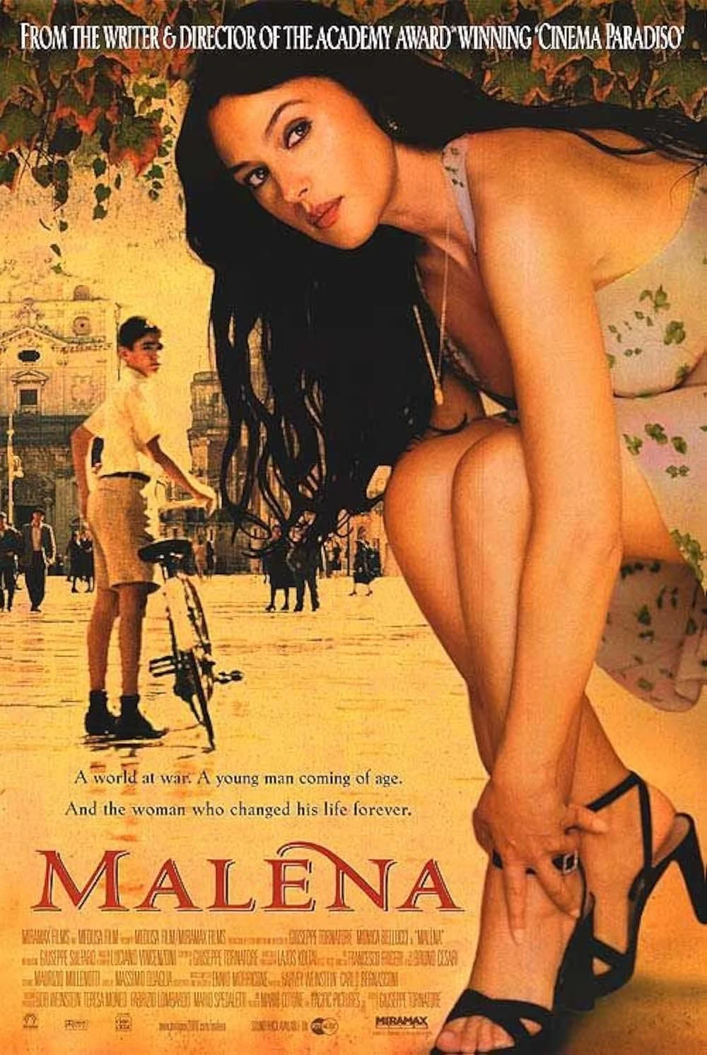 Film poster for Malèna, set in Sicily and starring Monica Bellucci — atmospheric, cinematic and beautifully paired with Italian takeaway pizza.