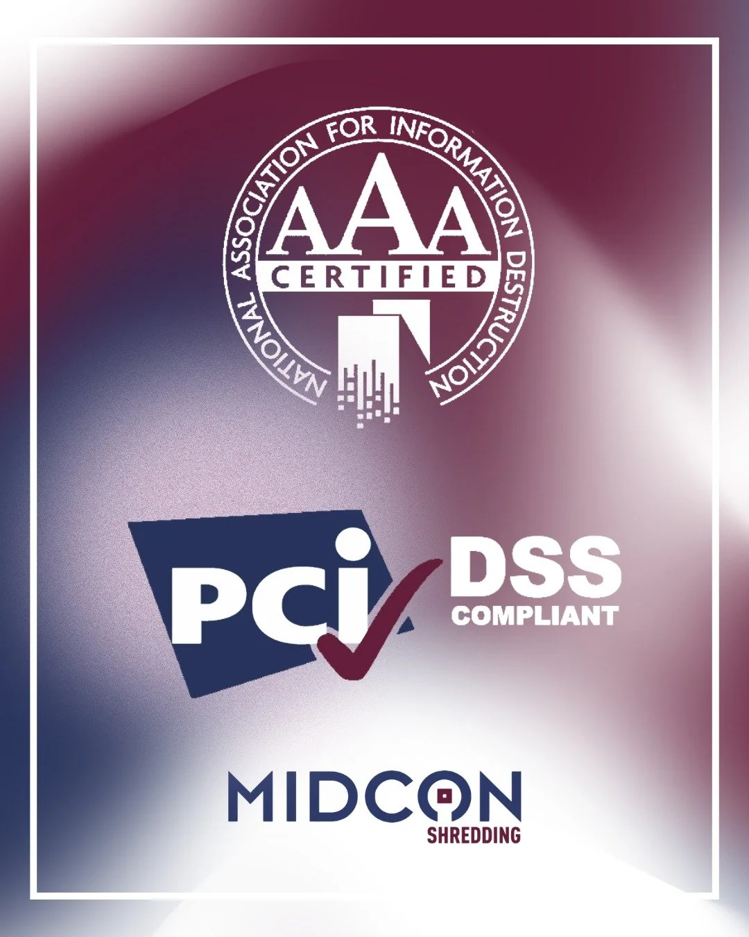 Did you know? We offer office pick-up and on-site commercial shredding, and it&rsquo;s all done in compliance with the National Association of Information Destruction (NAID), plus Payment Card Industry (PCI) compliant.