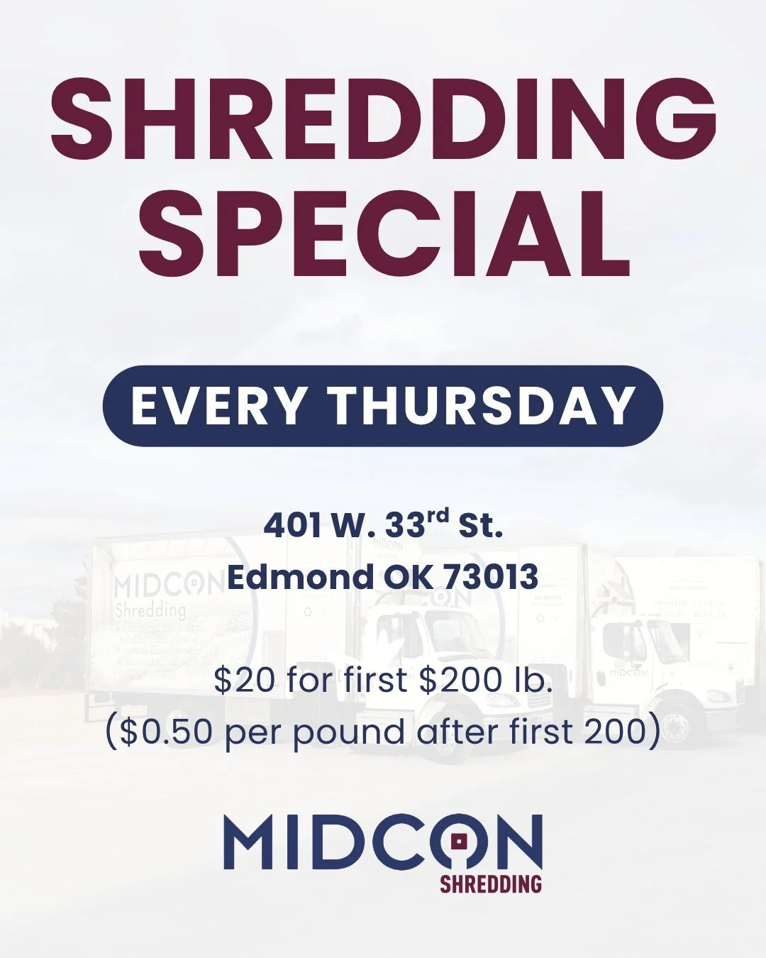 Instead of letting paperwork and junk mail pile up all month until it becomes overwhelming, make document purging an end-of-month routine. 

Stop by our Edmond location tomorrow for our weekly walk-in shredding special! $20 for your first 200 pounds;