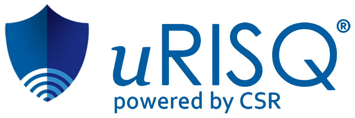 Logo consisting of a shield and Wi-Fi signal icon on the left, with the text 'URISQ' and the phrase 'powered by CSR' below.