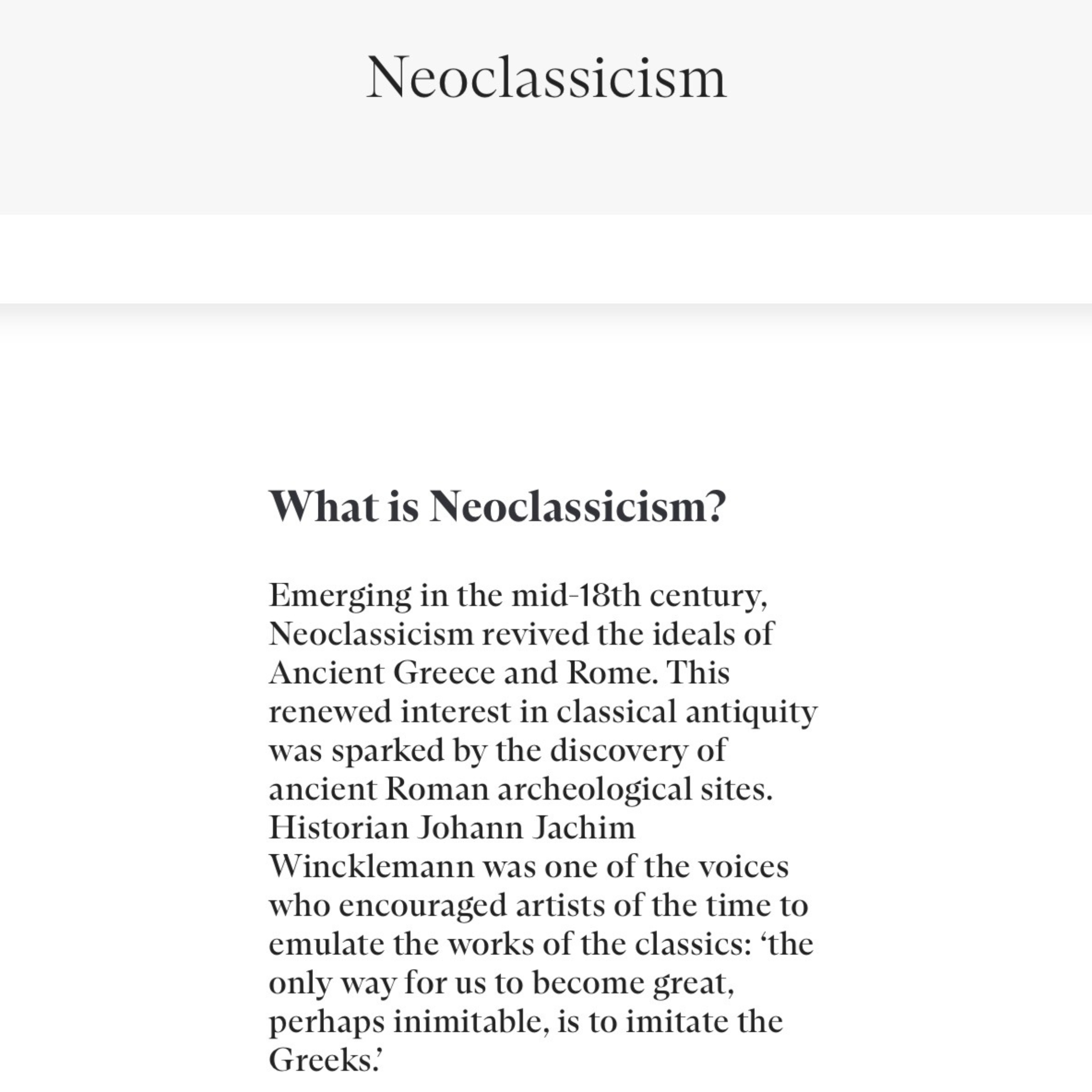 A screenshot of the Christie's website, taken of an art style page on Neoclassicism