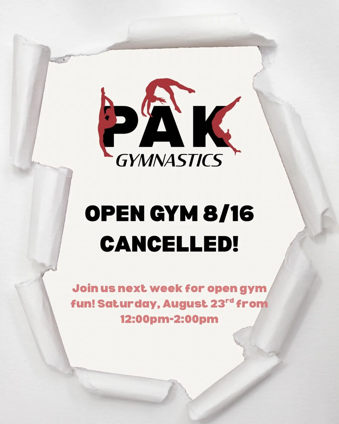 Join us for open gym next Saturday, August 23rd! Two hours of open gym free play for $16. Ask our coaches for help with skills, work on your existing skills, build an obstacle course, endless fun and possibilities! Sign up TODAY so you don’t mi