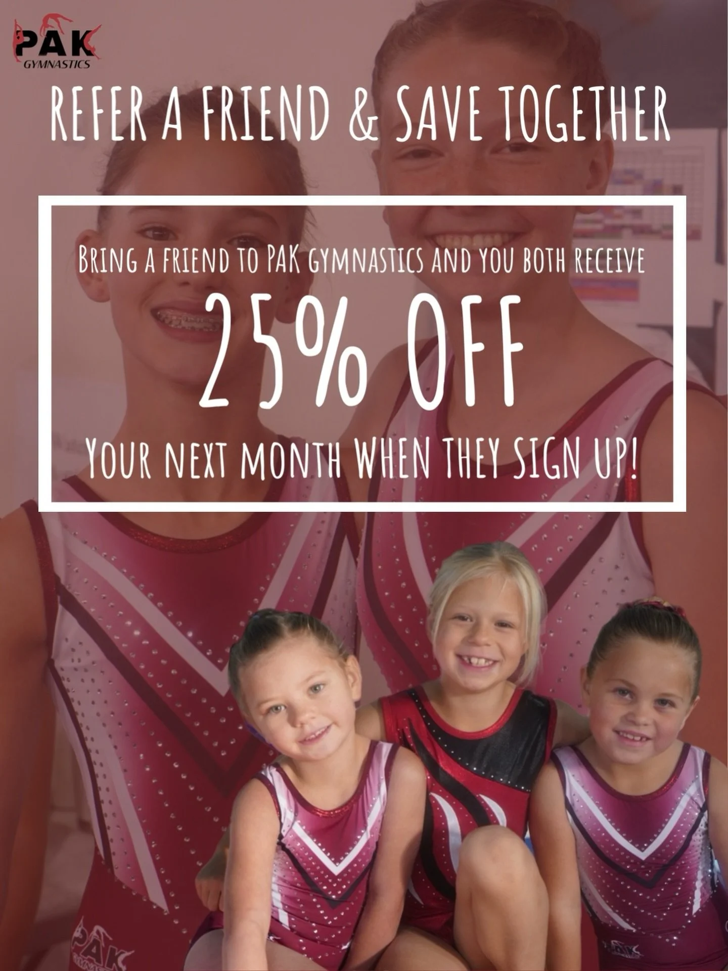HOLIDAY SAVINGS FOR THE WHOLE PAK! 🎄🎁✨

Give the gift of gymnastics this season and get a little something back too!

Invite a friend to join PAK Gymnastics and you BOTH receive
✨25% OFF your next month when they sign up!✨

It&rsquo;s the perfect t