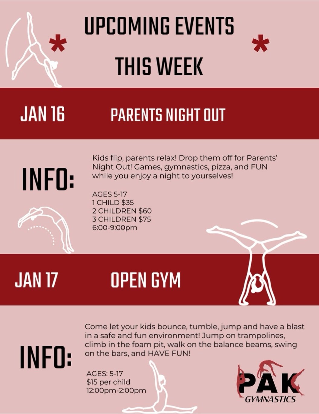 ✨ THIS WEEK AT PAK ✨
Parents&rsquo; Night Out + Open Gym = double the FUN! 🤸🏼&zwj;♀️🎉

#pakgymnastics #jointhepak #opengym #parentsnightout #pno