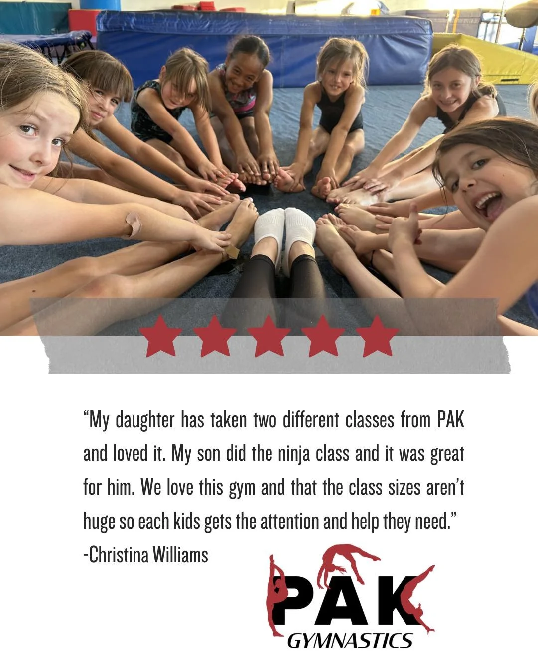 Five stars and feeling so thankful! We are incredibly grateful for families who trust us with their gymnasts and take the time to share their experience. Try one of our classes this week! First trial class is FREE!

#FreeTrial #FiveStarReview #5StarR