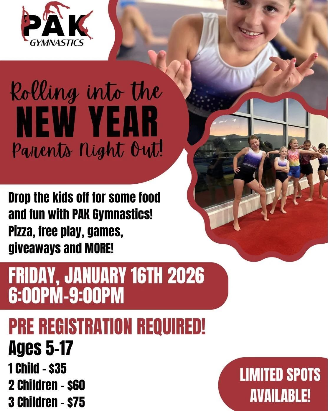 Who&rsquo;s ready for a PARENT&rsquo;S NIGHT OUT? We&rsquo;re ROLLING into 2026 with lots of fun! Drop your kids off for pizza, open gym free play, obstacle courses, games, and GIVEAWAYS! Register NOW! Call us, text us, email us, or message us to pre