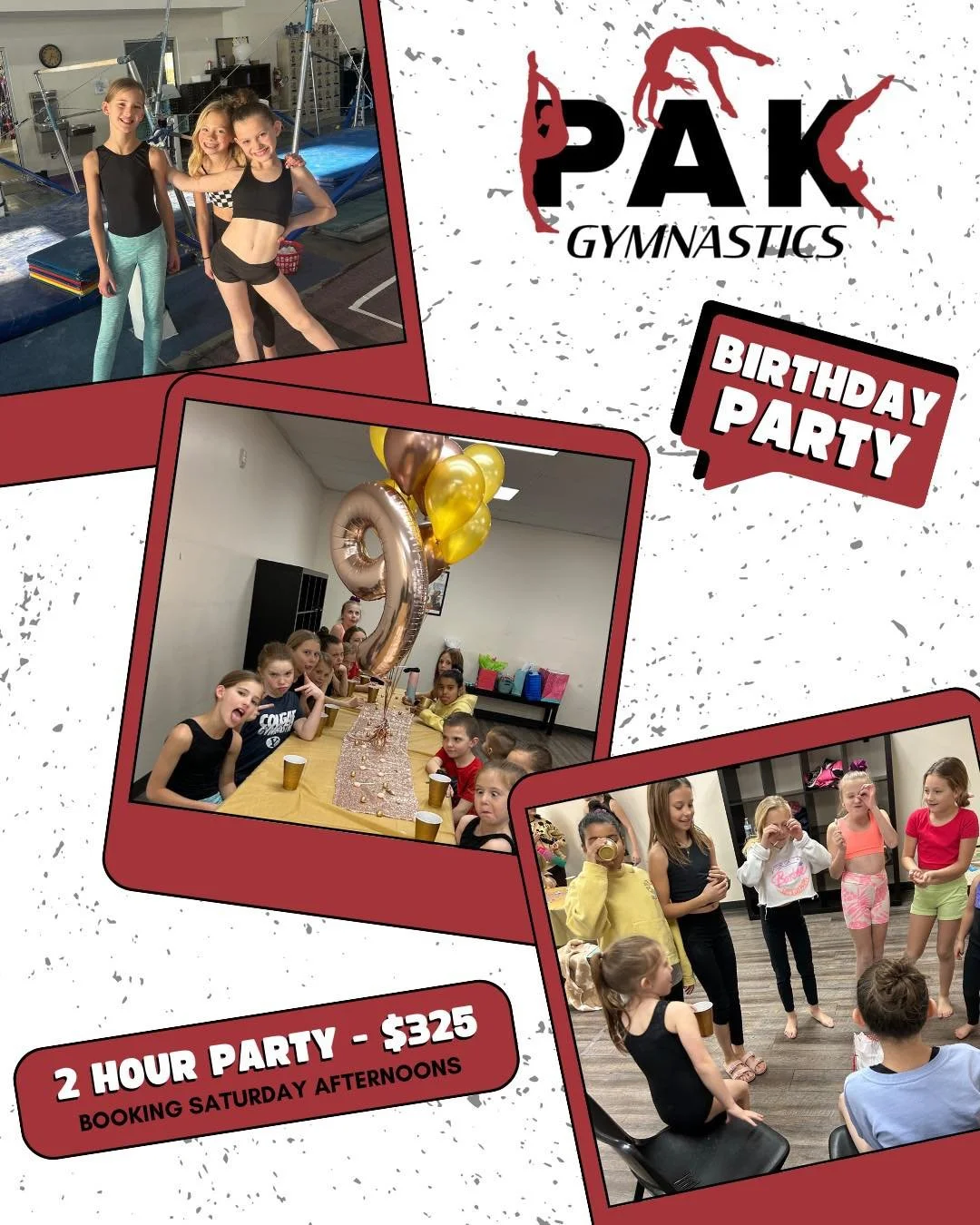 WE LOVE BIRTHDAY PARTIES! Birthday parties at PAK Gymnastics are an absolute BLAST! Your guests will get to enjoy open free play with the whole gym all to themselves, a spacious birthday party room with a gym viewing area, and fun coaches to help the
