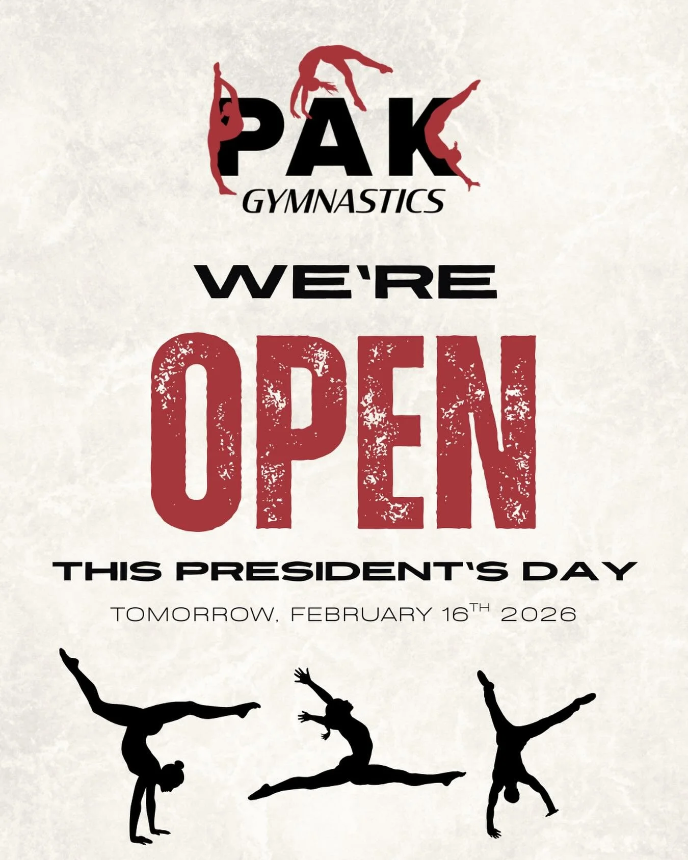 We&rsquo;re OPEN tomorrow! No school = extra time for flips, fun, and burning energy. Try a FREE class on us if you&rsquo;re looking for something fun to try! Bring the kids to move, play, and stay active.

Regular recreational class schedule, mornin