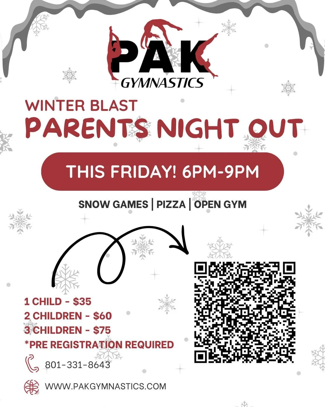 Our WINTER BLAST Parent&rsquo;s Night Out is THIS FRIDAY! Drop the kids off on Friday, February 20th for a WINTER BLAST of fun!

Parent&rsquo;s Night Out is for children ages 4-17. Kids will get to enjoy an indoor snowball fight, open gym free play, 