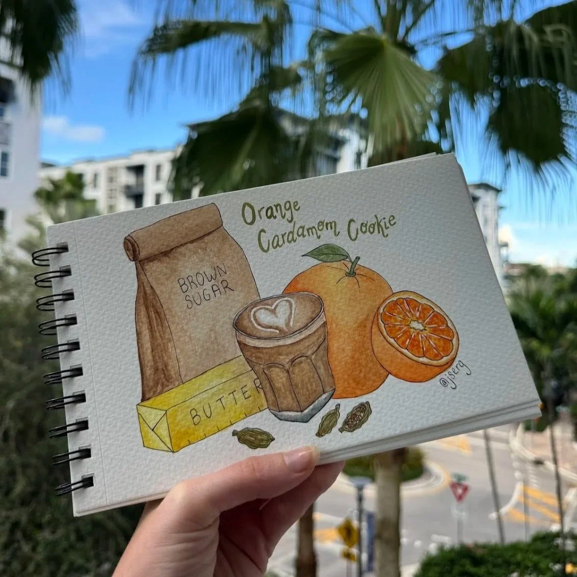 Hand holding a sketchbook with a watercolor drawing of ingredients for an orange cardamom cookie, including a bag of brown sugar, butter, an orange, and a cut orange slice, with a background of palm trees and buildings.